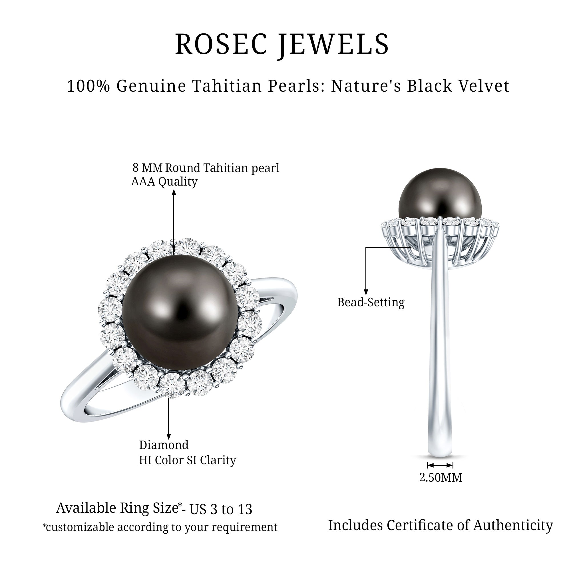 Natural Tahitian Pearl and Diamond Halo Engagement Ring AAA - Rosec Jewels