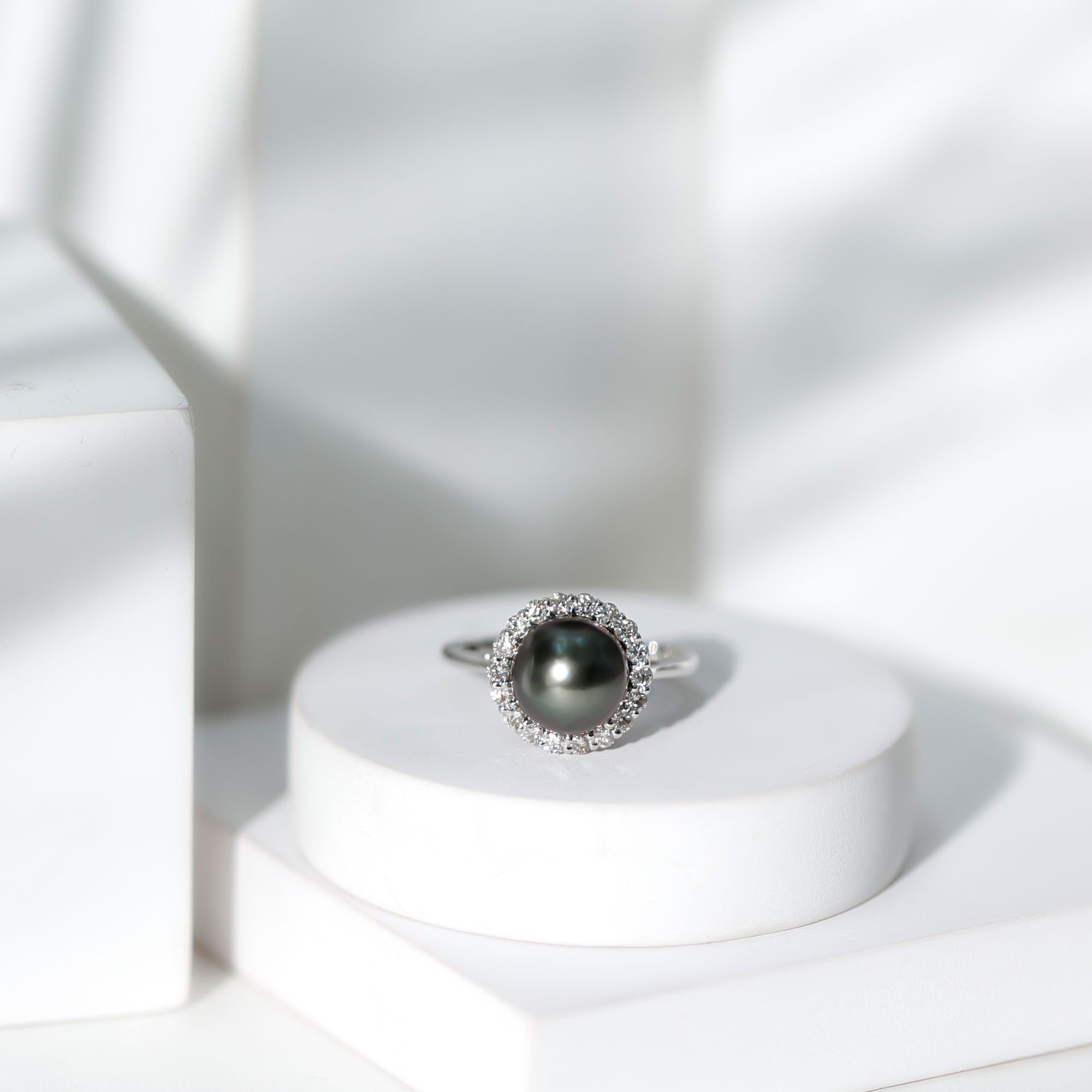 Natural Tahitian Pearl and Diamond Halo Engagement Ring AAA - Rosec Jewels