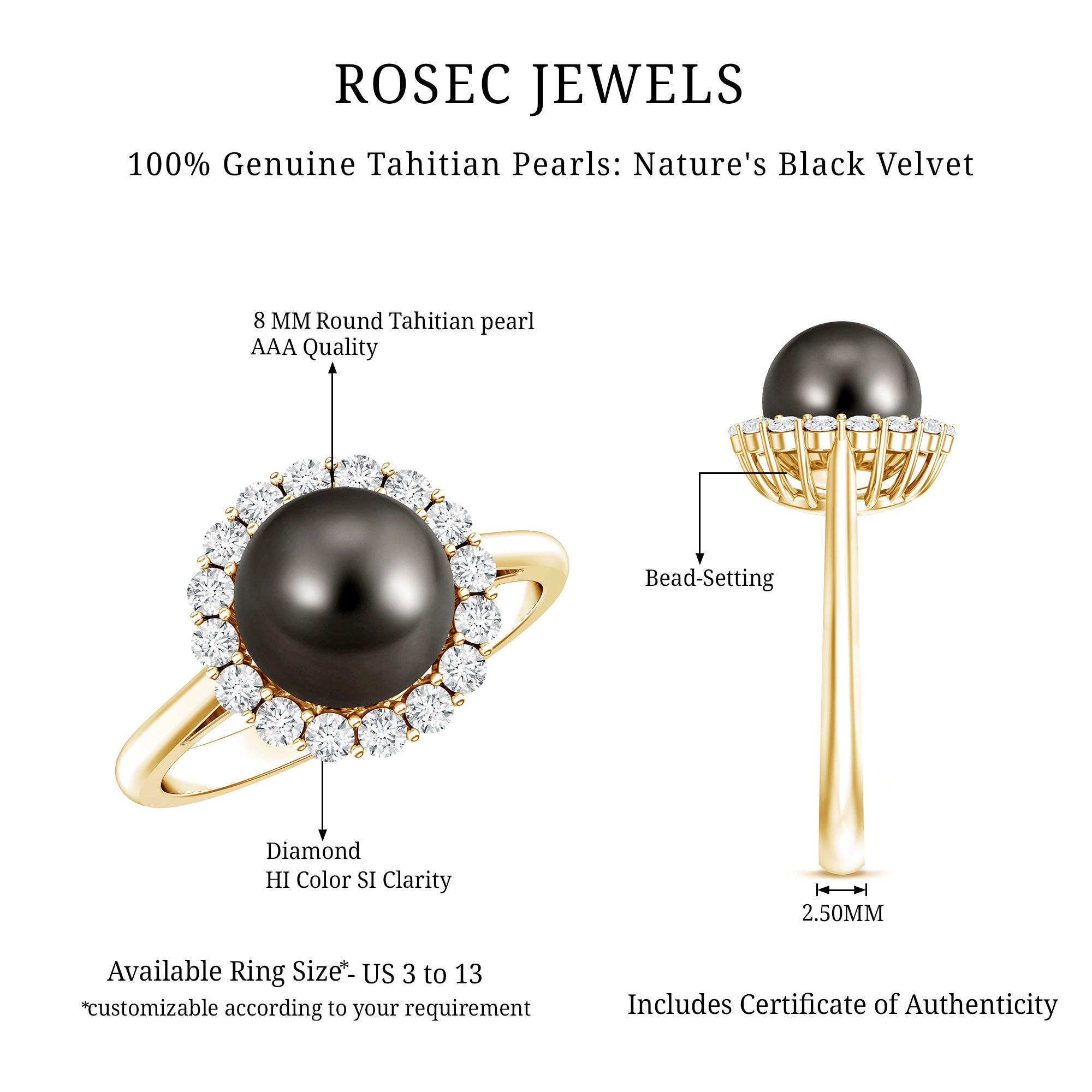 Natural Tahitian Pearl and Diamond Halo Engagement Ring AAA - Rosec Jewels