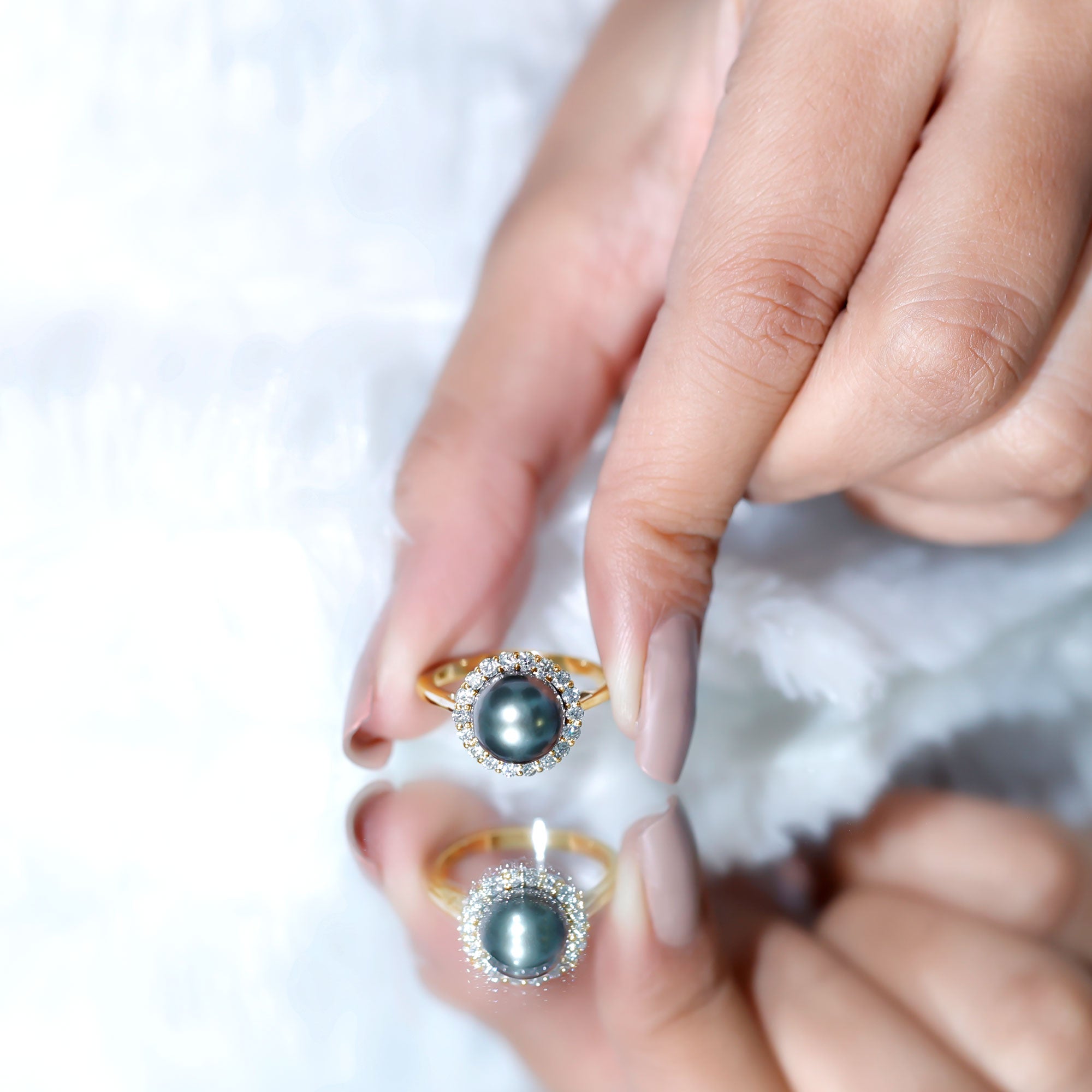 Natural Tahitian Pearl and Diamond Halo Engagement Ring AAA - Rosec Jewels