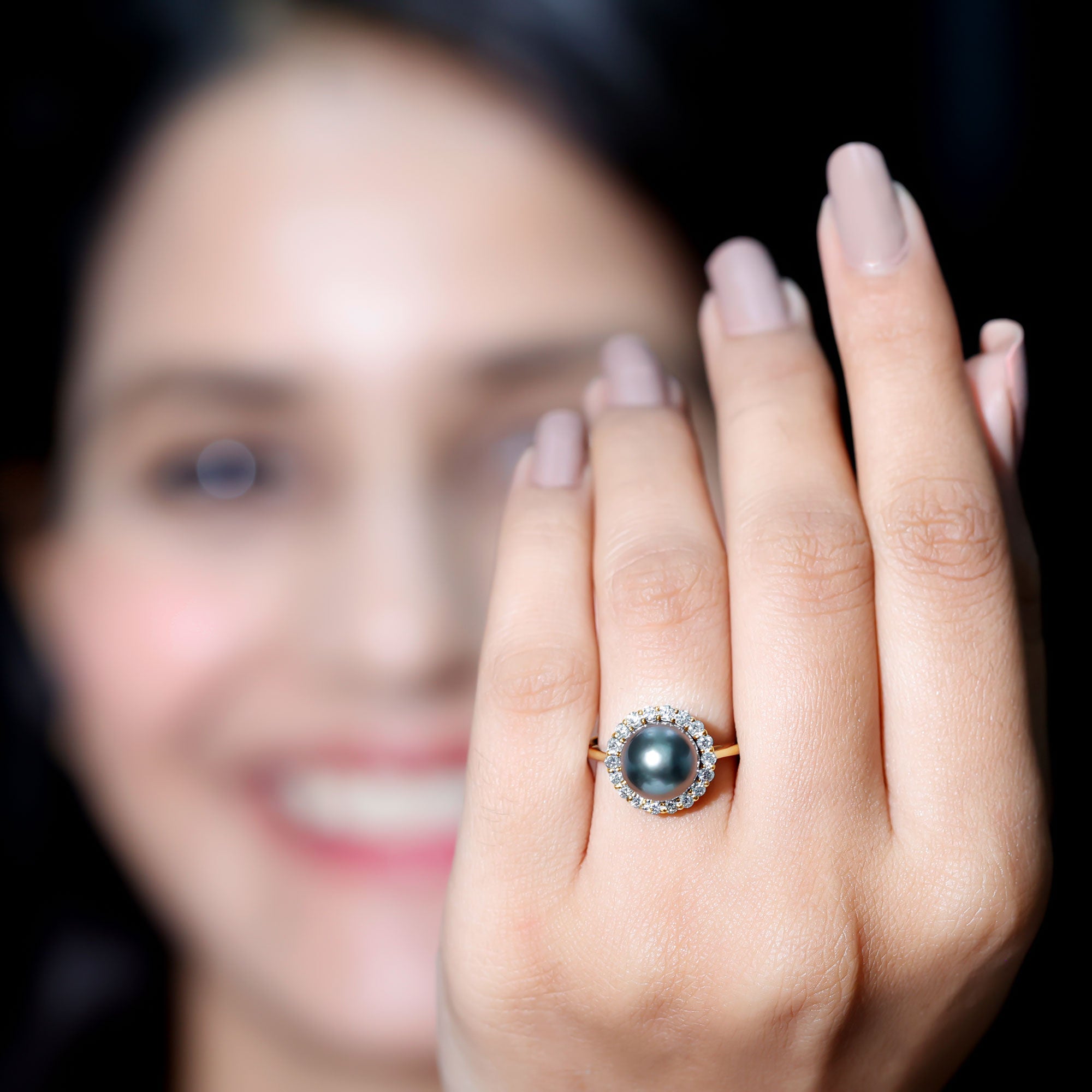 Natural Tahitian Pearl and Diamond Halo Engagement Ring AAA - Rosec Jewels