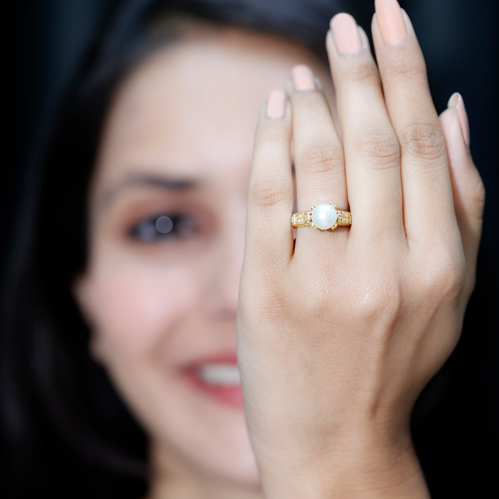 Nature Inspired 7.4 Carat Freshwater Pearl Diamond Engagement Ring AAA - Rosec Jewels