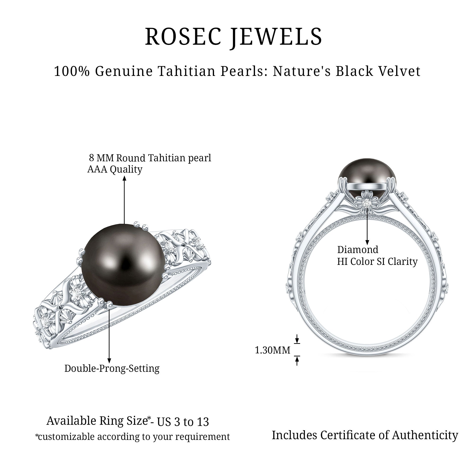 Vintage Tahitian Pearl Solitaire Engagement Ring with Diamond AAA - Rosec Jewels