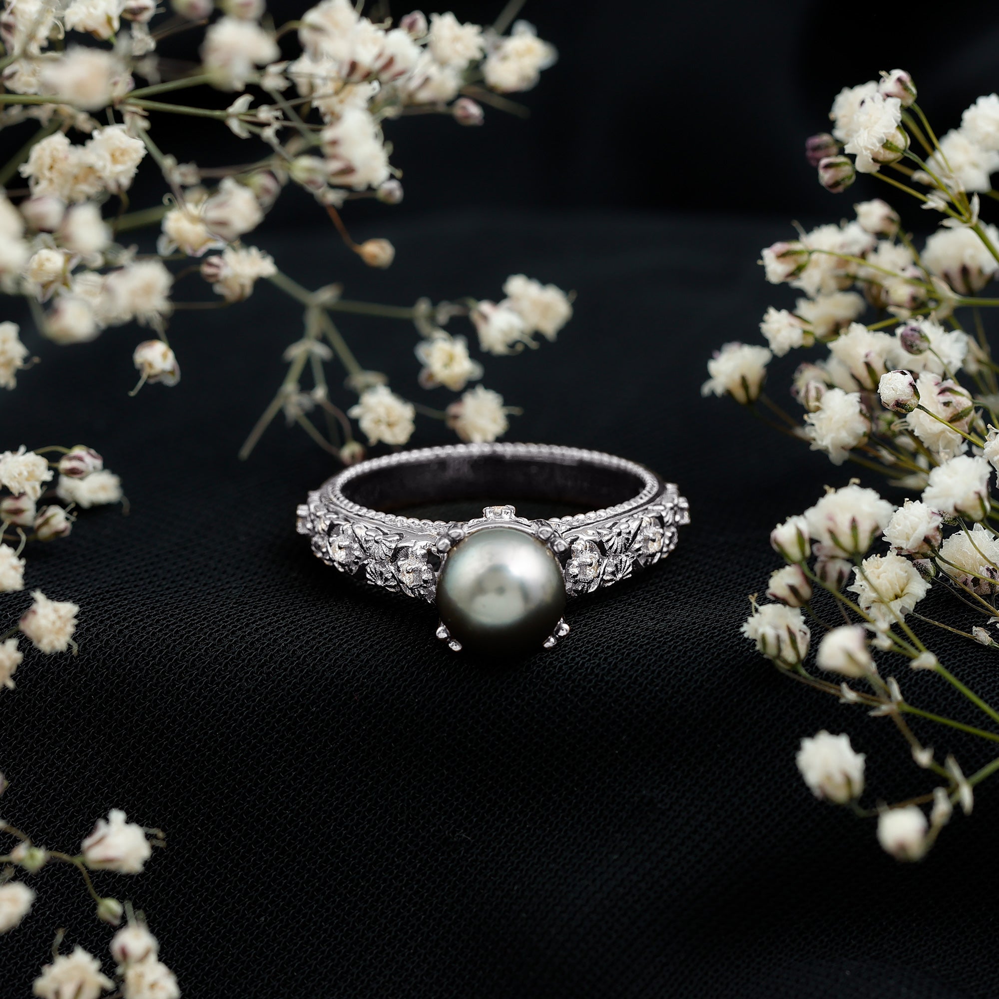 Vintage Tahitian Pearl Solitaire Engagement Ring with Diamond AAA - Rosec Jewels