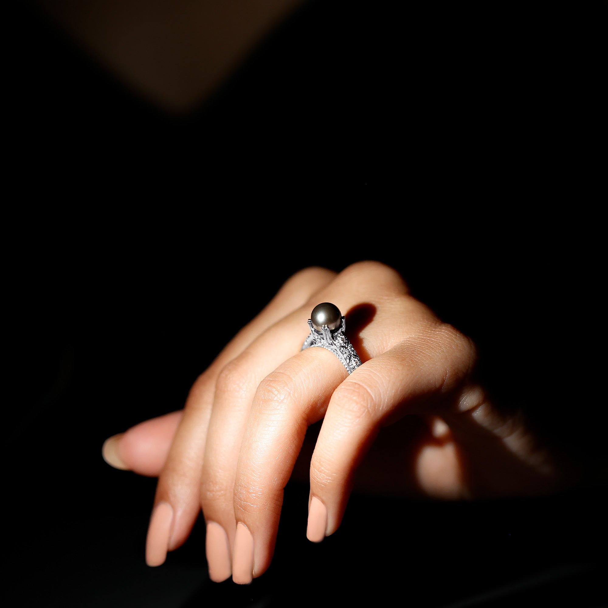 Vintage Tahitian Pearl Solitaire Engagement Ring with Diamond AAA - Rosec Jewels