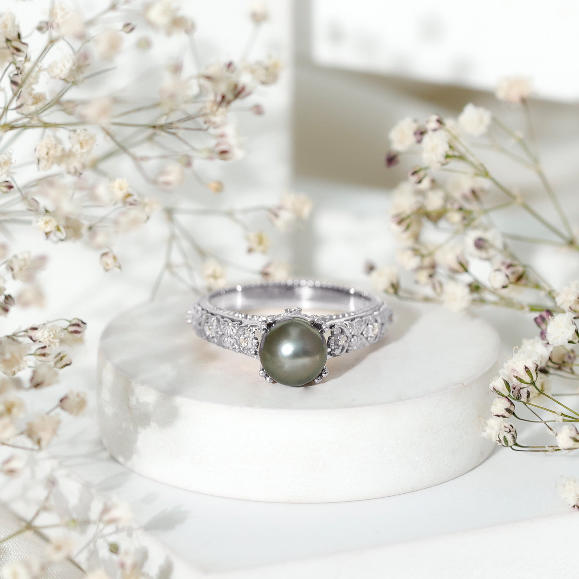 Vintage Tahitian Pearl Solitaire Engagement Ring with Diamond AAA - Rosec Jewels