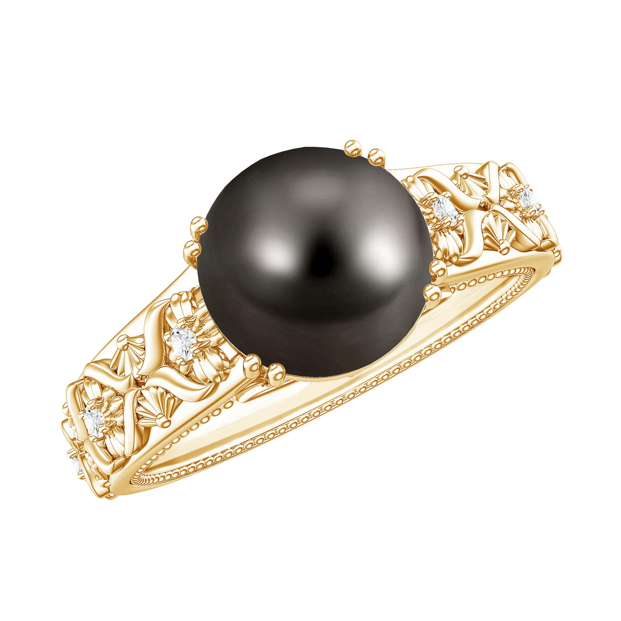 Vintage Tahitian Pearl Solitaire Engagement Ring with Diamond AAA - Rosec Jewels