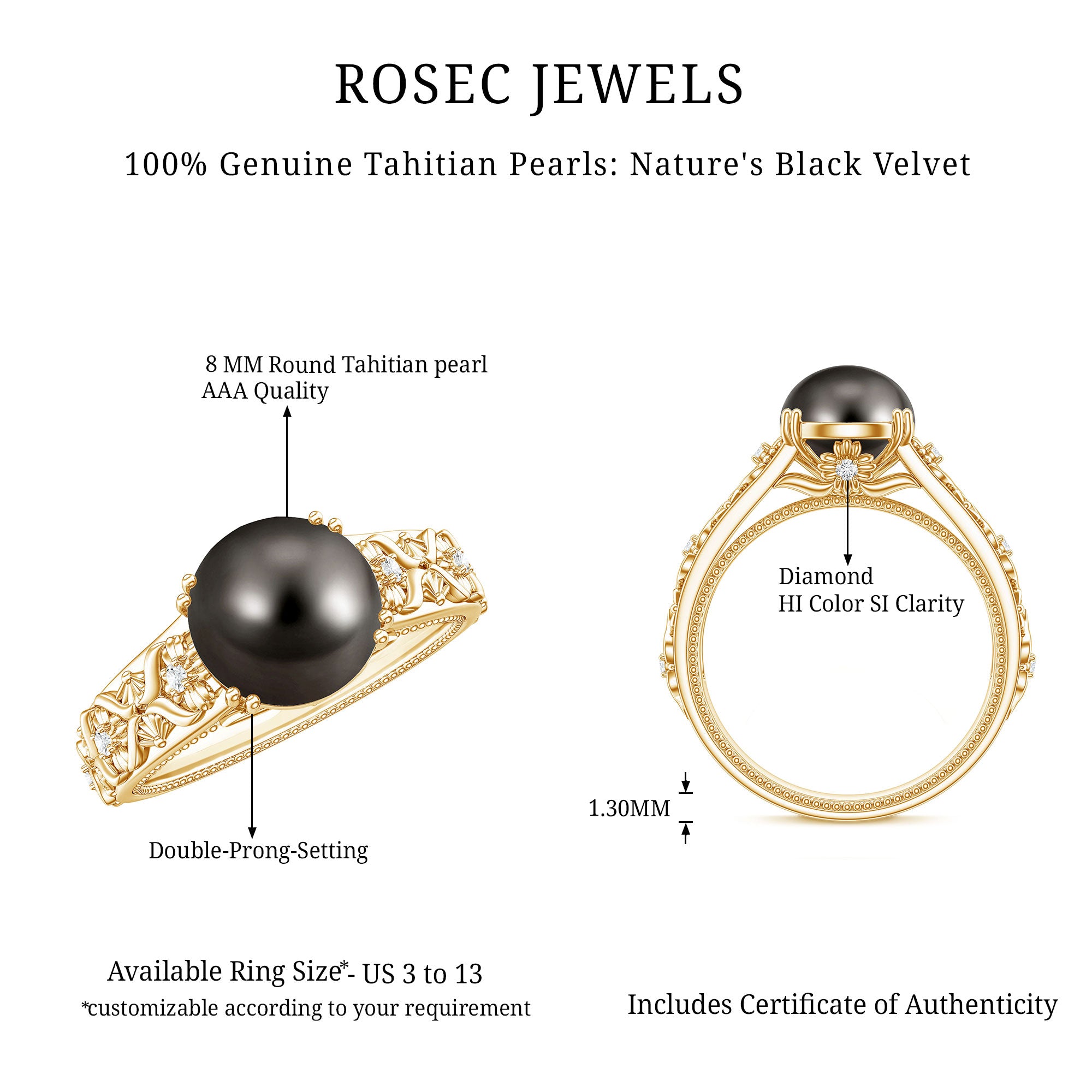 Vintage Tahitian Pearl Solitaire Engagement Ring with Diamond AAA - Rosec Jewels