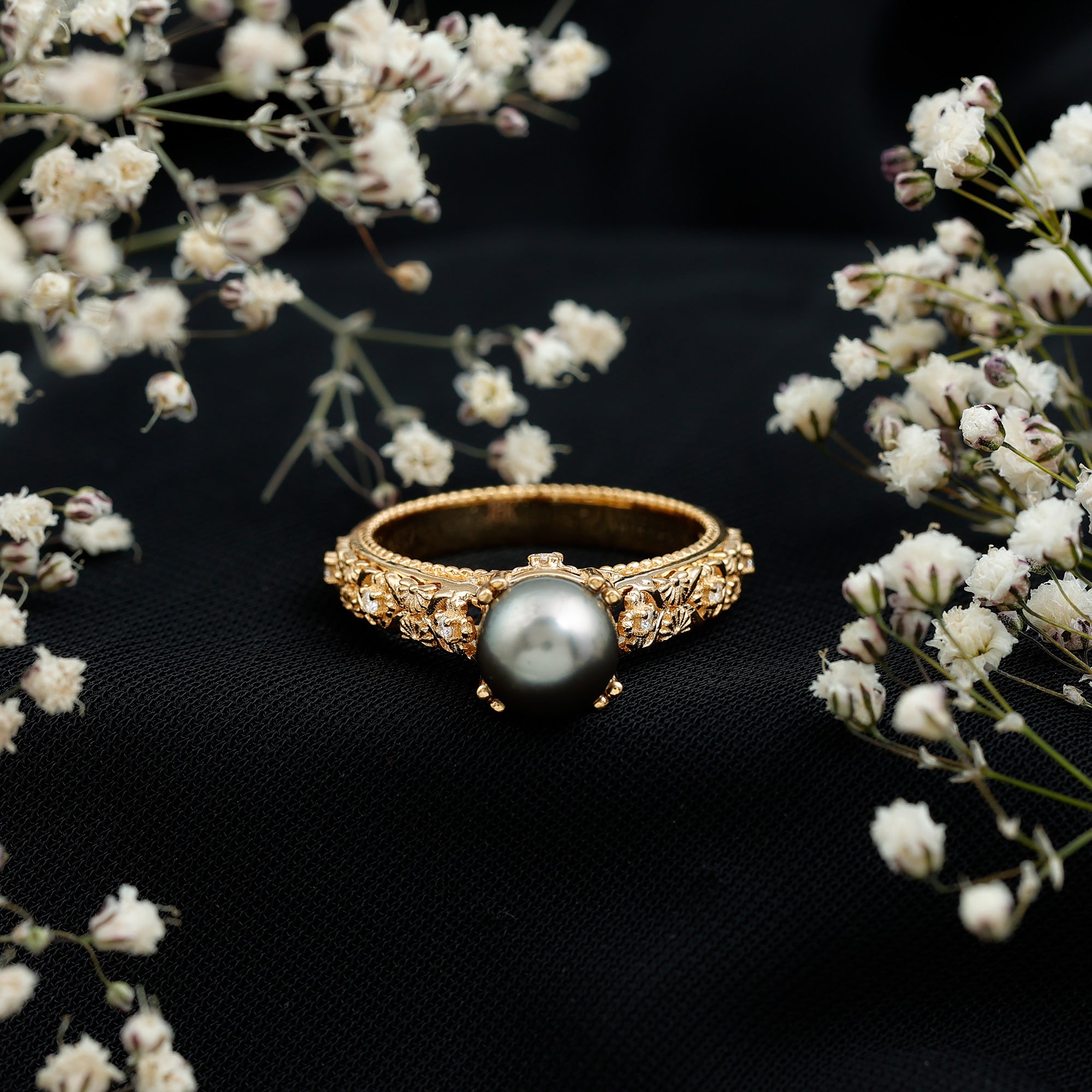 Vintage Tahitian Pearl Solitaire Engagement Ring with Diamond AAA - Rosec Jewels