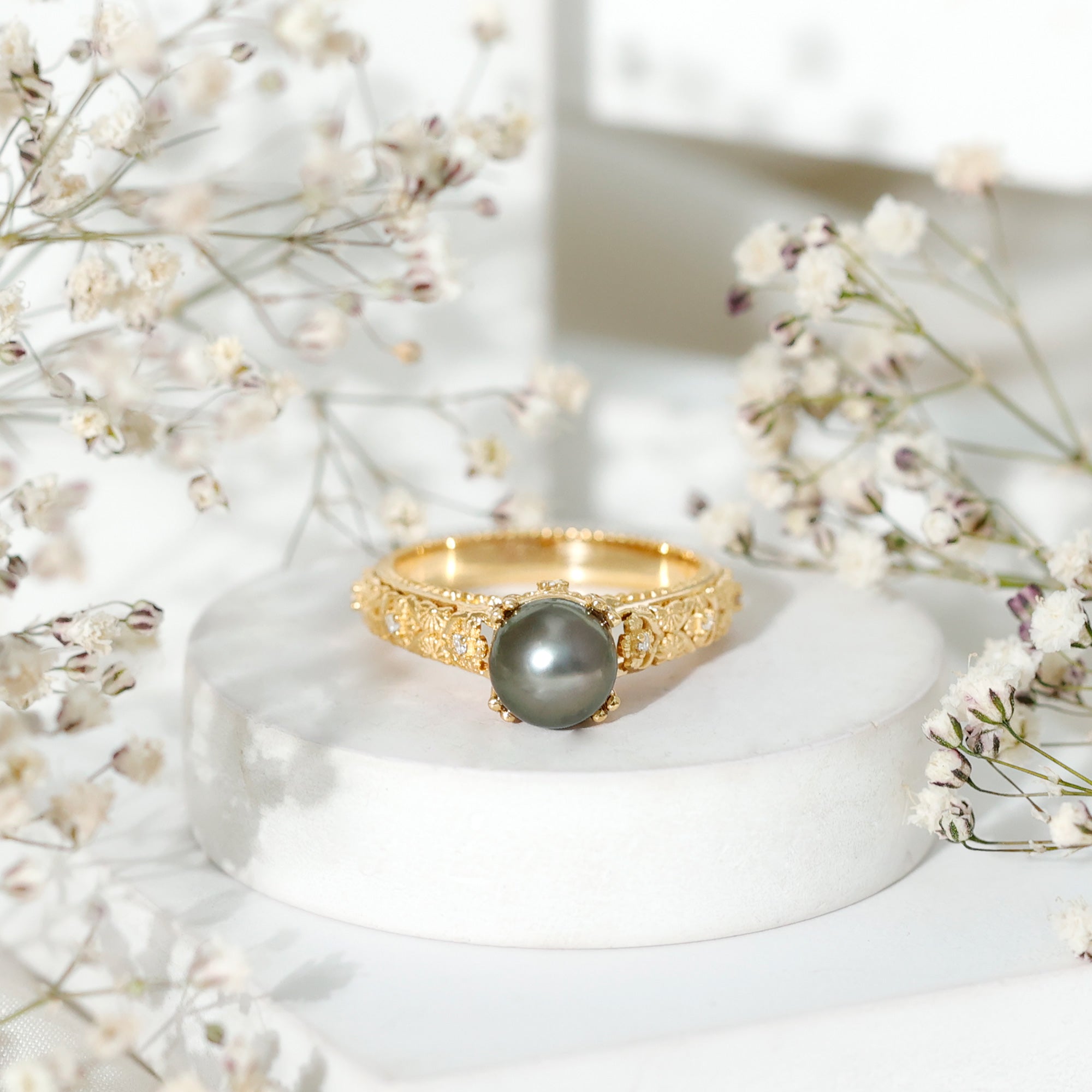 Vintage Tahitian Pearl Solitaire Engagement Ring with Diamond AAA - Rosec Jewels