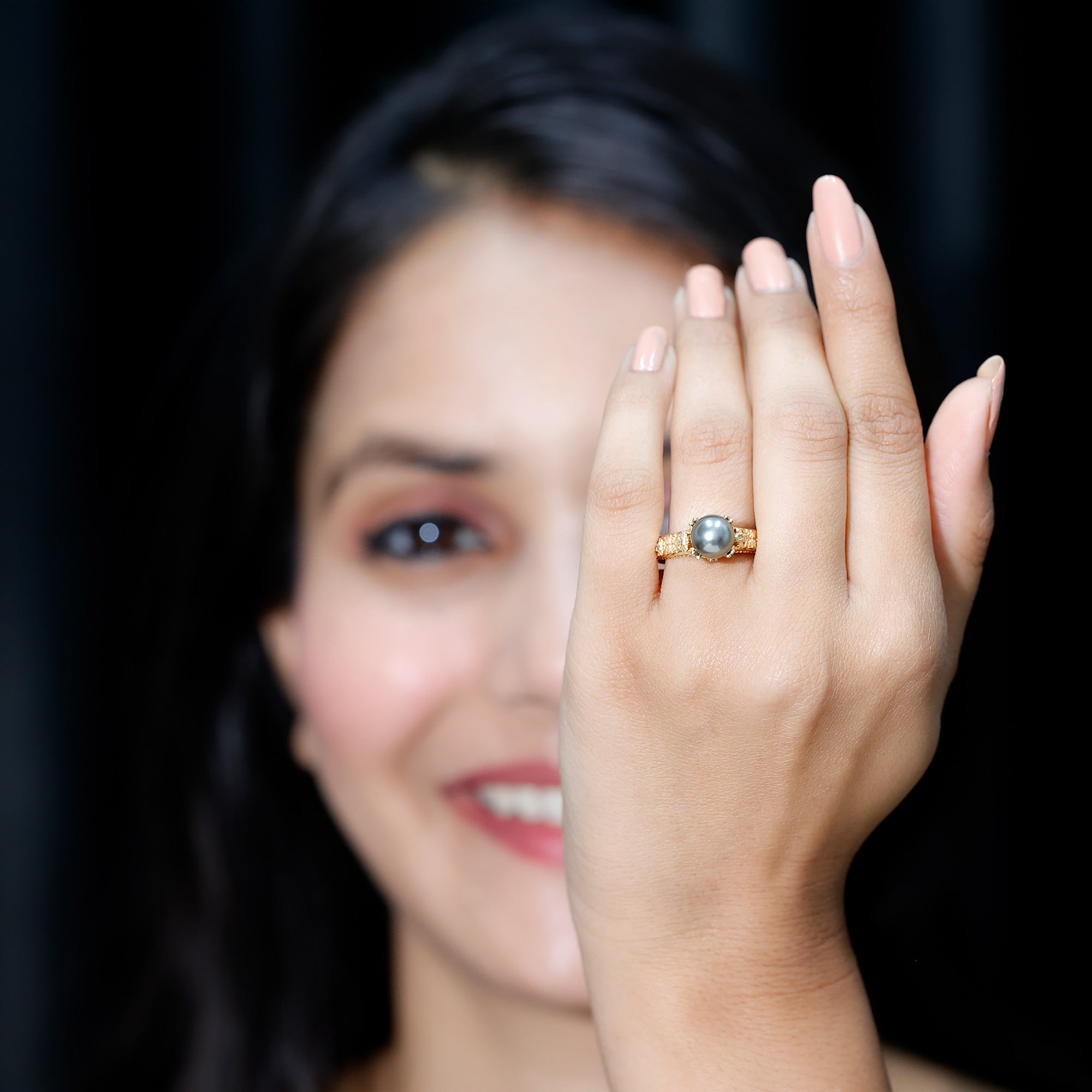 Vintage Tahitian Pearl Solitaire Engagement Ring with Diamond AAA - Rosec Jewels