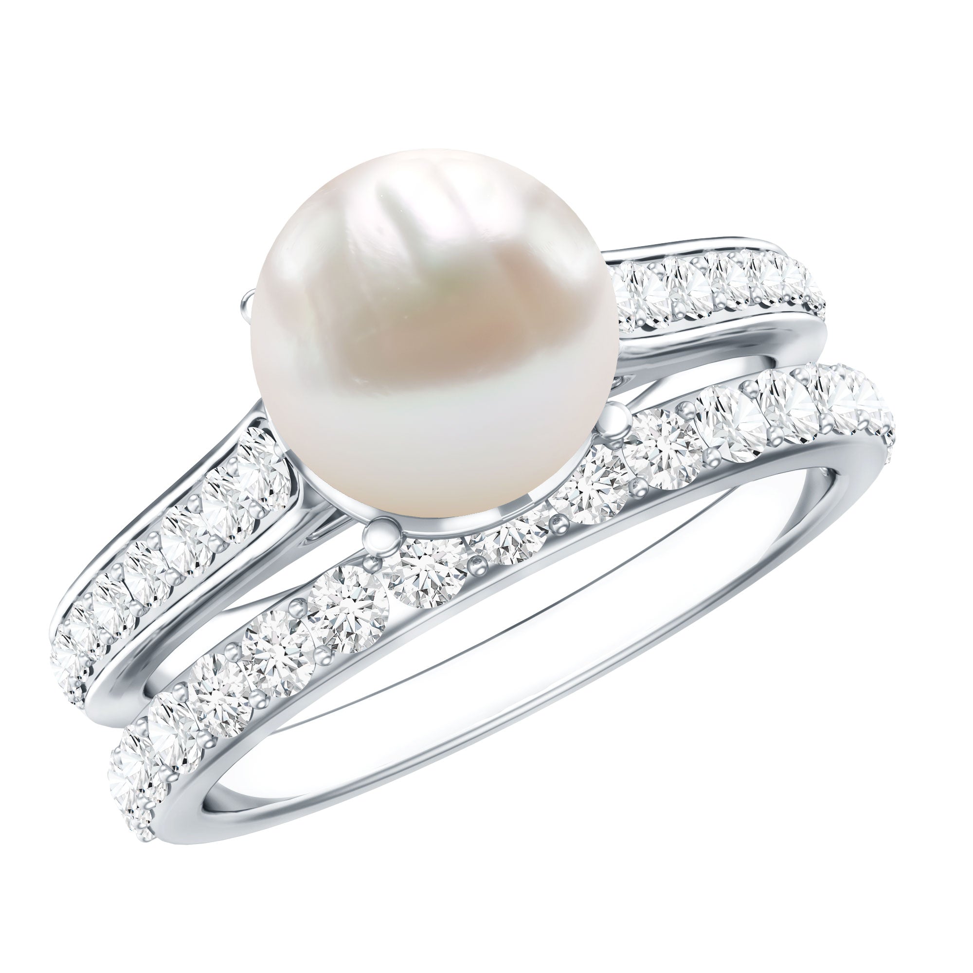 Rosec Jewels-Natural White Pearl Wedding Bridal Ring Set with Moissanite