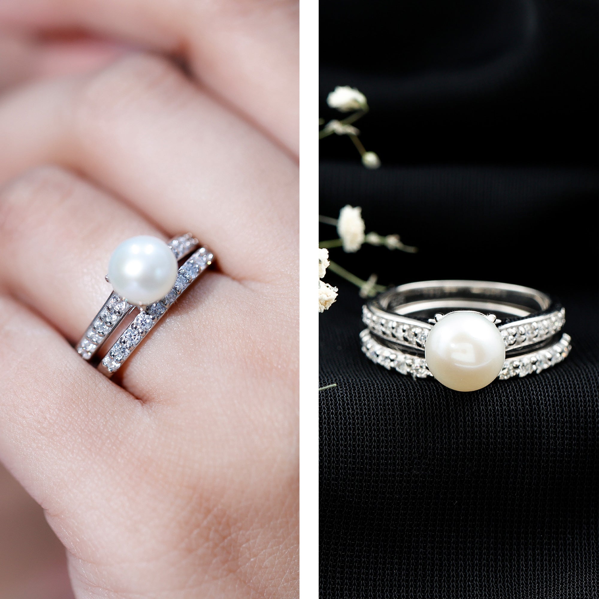Natural White Pearl Wedding Bridal Ring Set with Moissanite AAA - Rosec Jewels