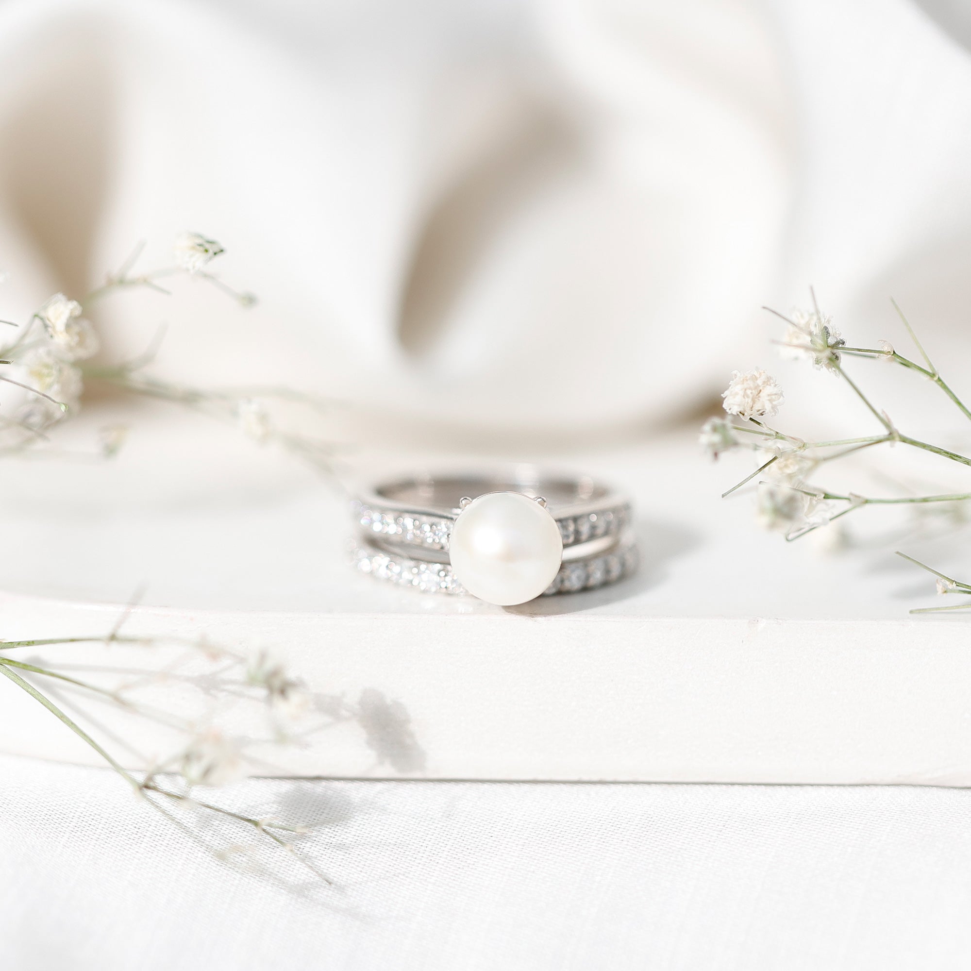 Natural White Pearl Wedding Bridal Ring Set with Moissanite AAA - Rosec Jewels