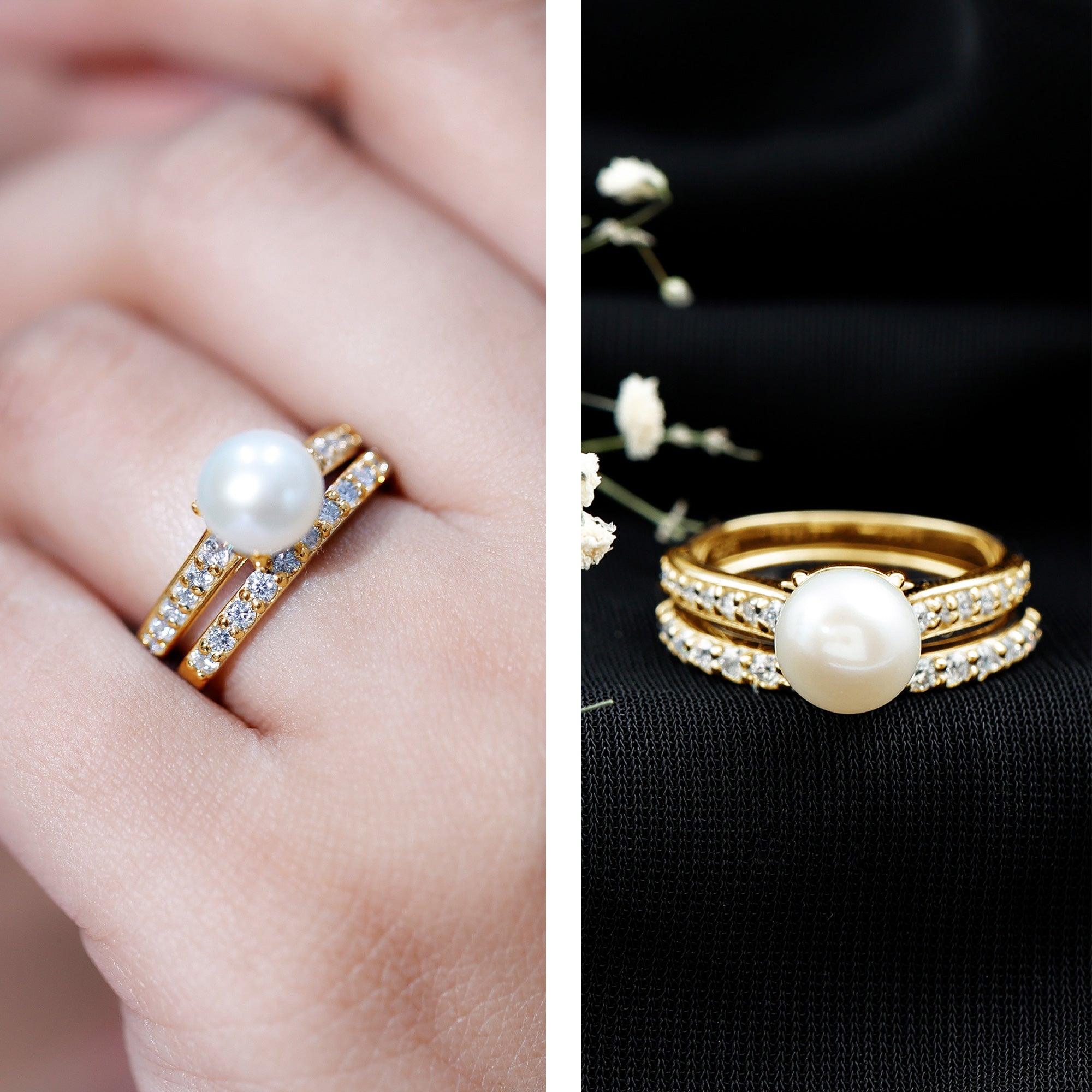 Natural White Pearl Wedding Bridal Ring Set with Moissanite AAA - Rosec Jewels