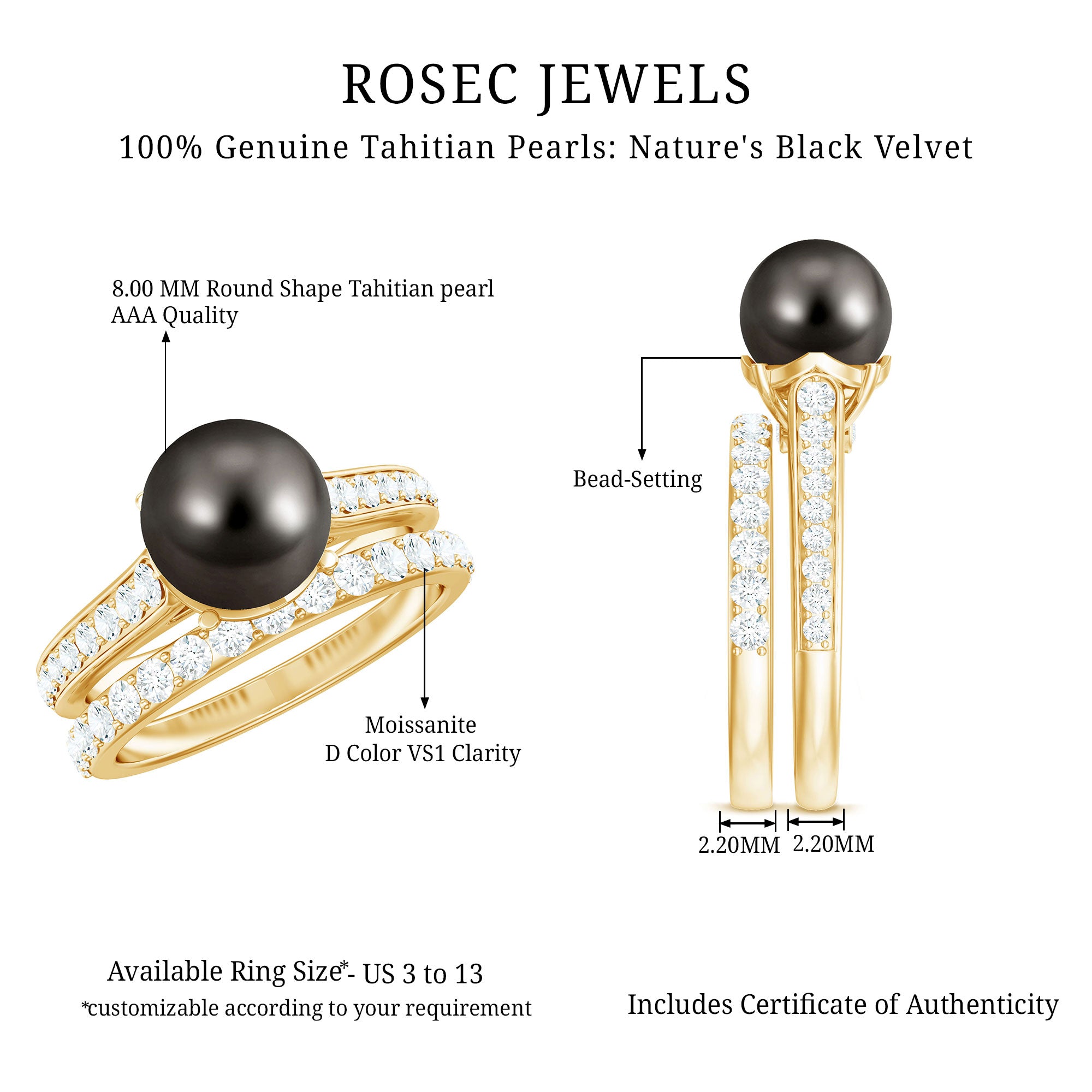 Rosec Jewels-Elegant Wedding Ring Set with 9.75 CT Tahitian Pearl and Moissanite