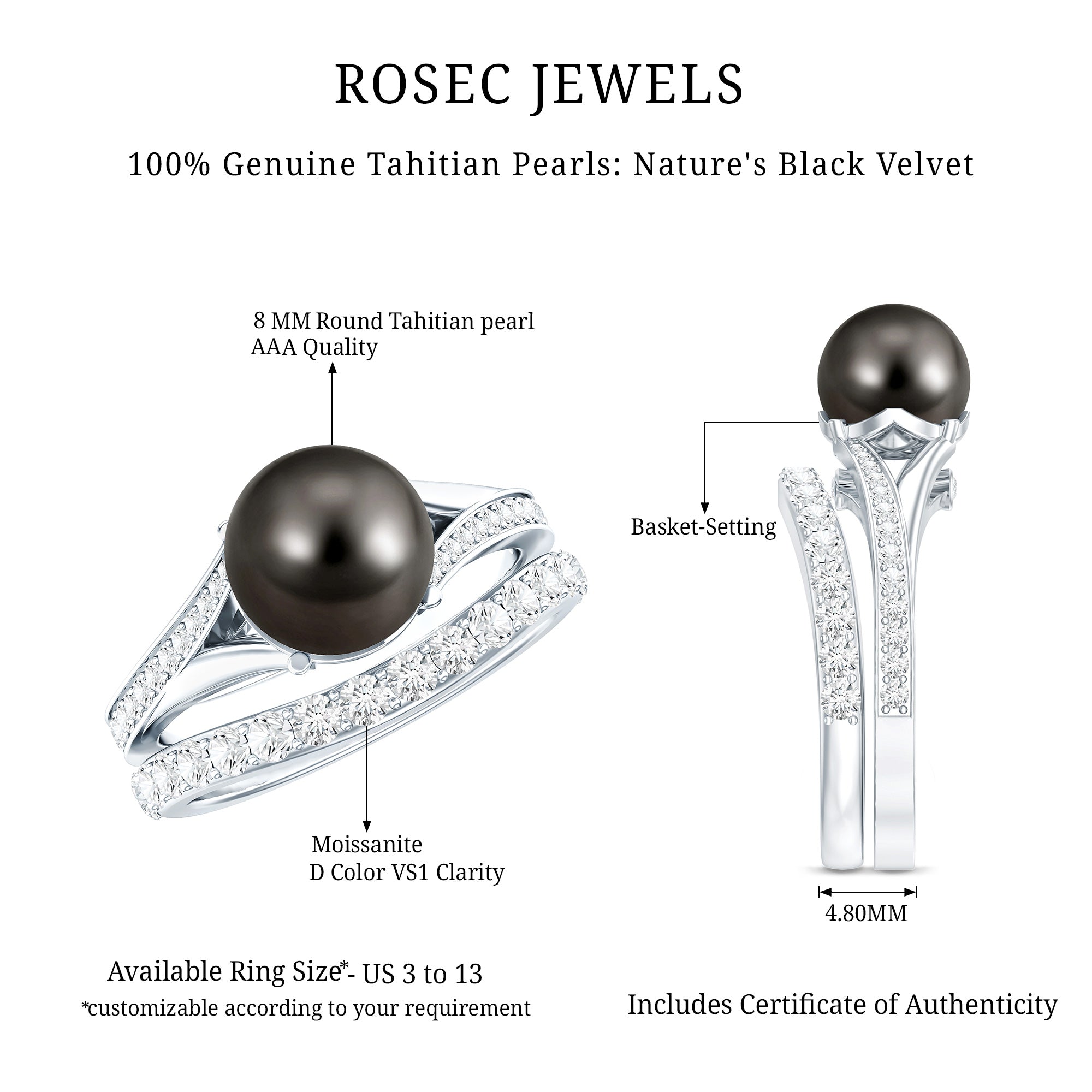 Designer Tahitian Black Pearl Wedding Ring Set with Moissanite AAA - Rosec Jewels