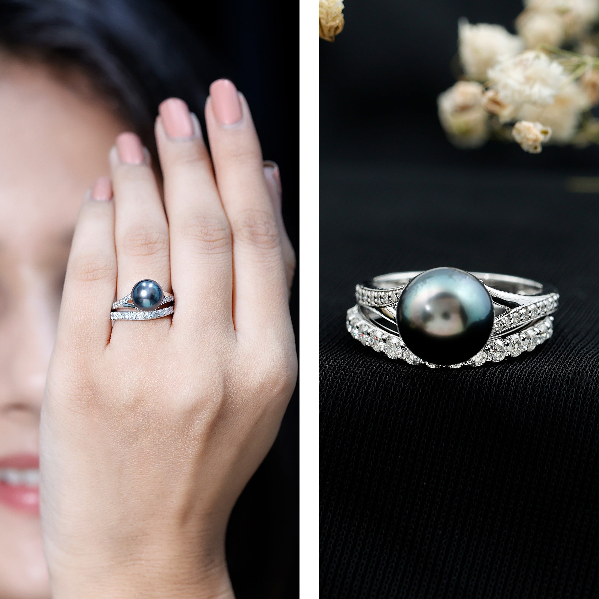 Designer Tahitian Black Pearl Wedding Ring Set with Moissanite AAA - Rosec Jewels