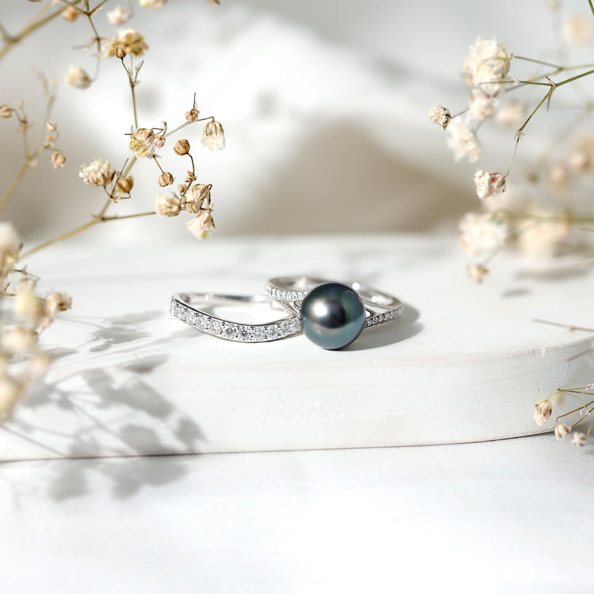 Designer Tahitian Black Pearl Wedding Ring Set with Moissanite AAA - Rosec Jewels