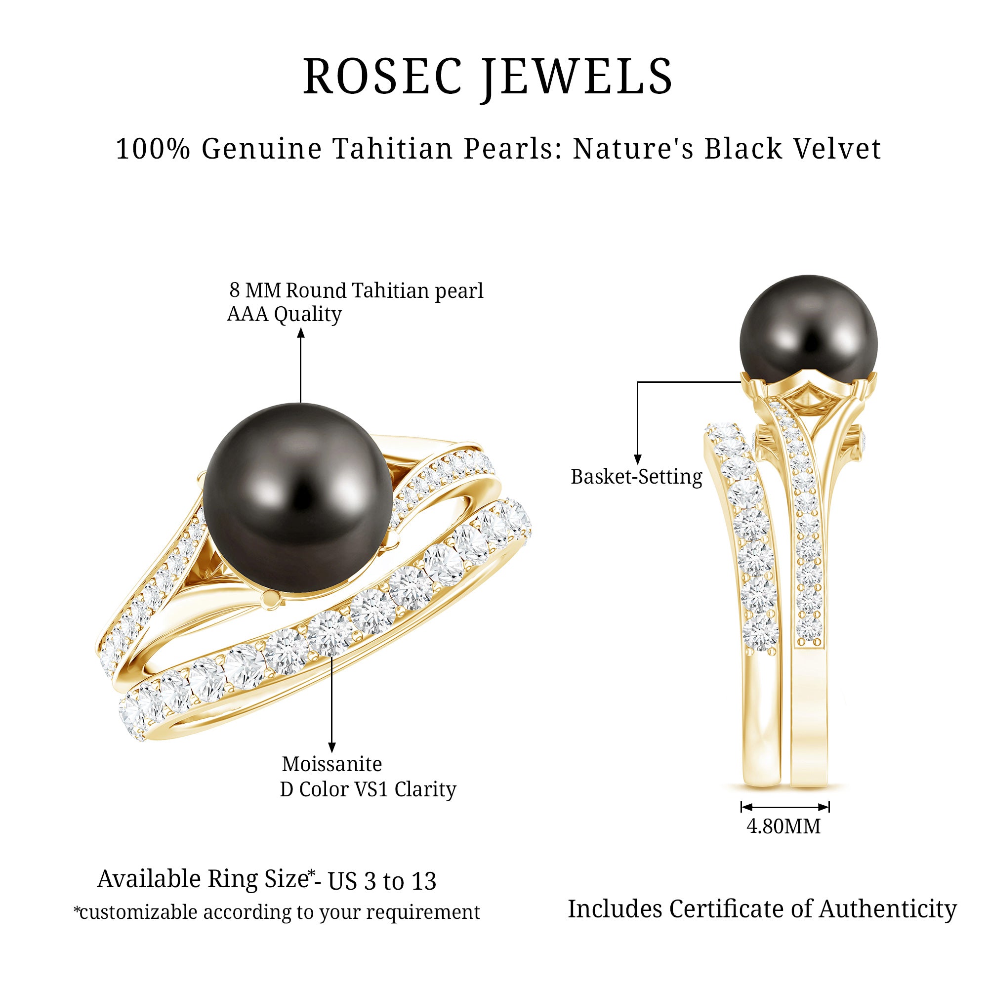 Designer Tahitian Black Pearl Wedding Ring Set with Moissanite AAA - Rosec Jewels