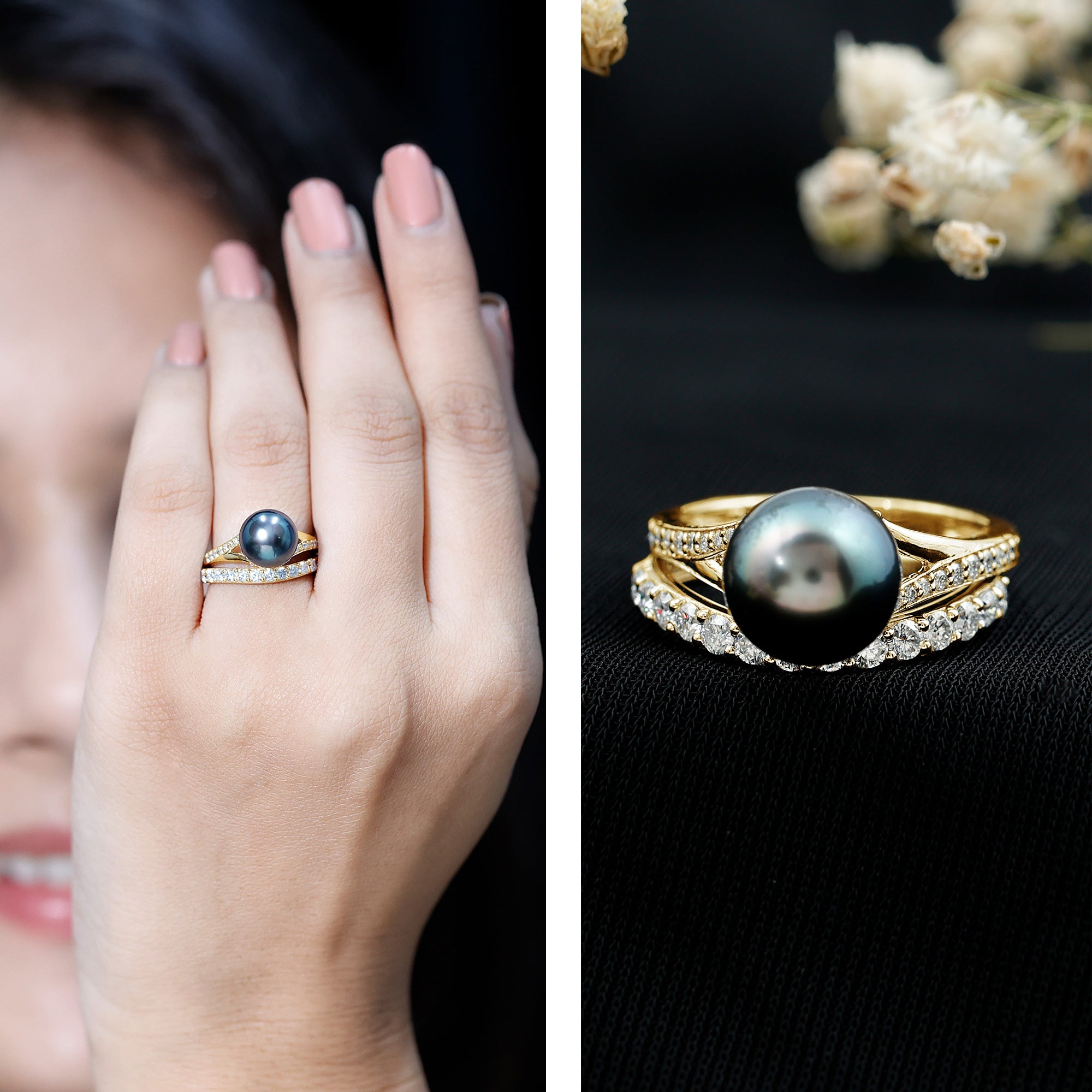 Designer Tahitian Black Pearl Wedding Ring Set with Moissanite AAA - Rosec Jewels