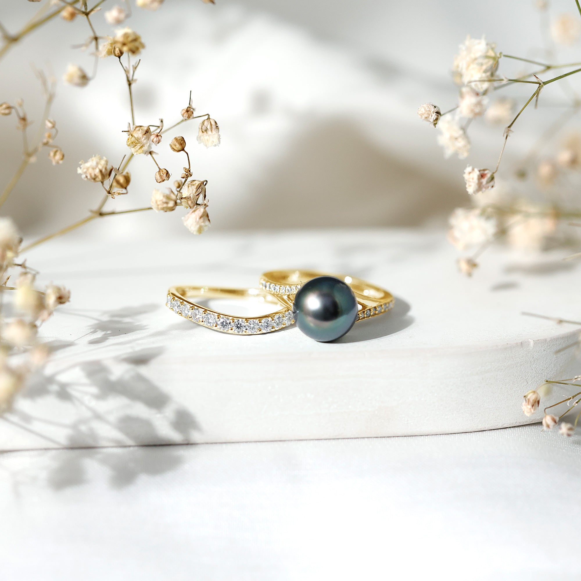 Designer Tahitian Black Pearl Wedding Ring Set with Moissanite AAA - Rosec Jewels