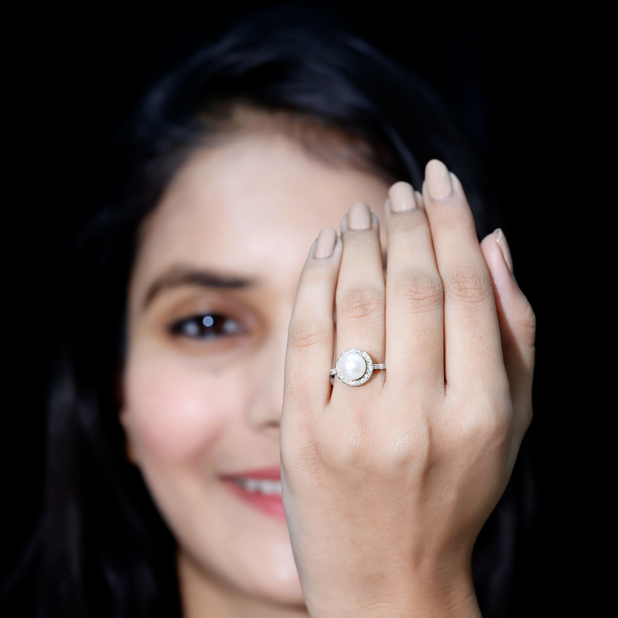 Cultured 7.4 Carat Freshwater Pearl Diamond Engagement Ring with Halo AAA - Rosec Jewels