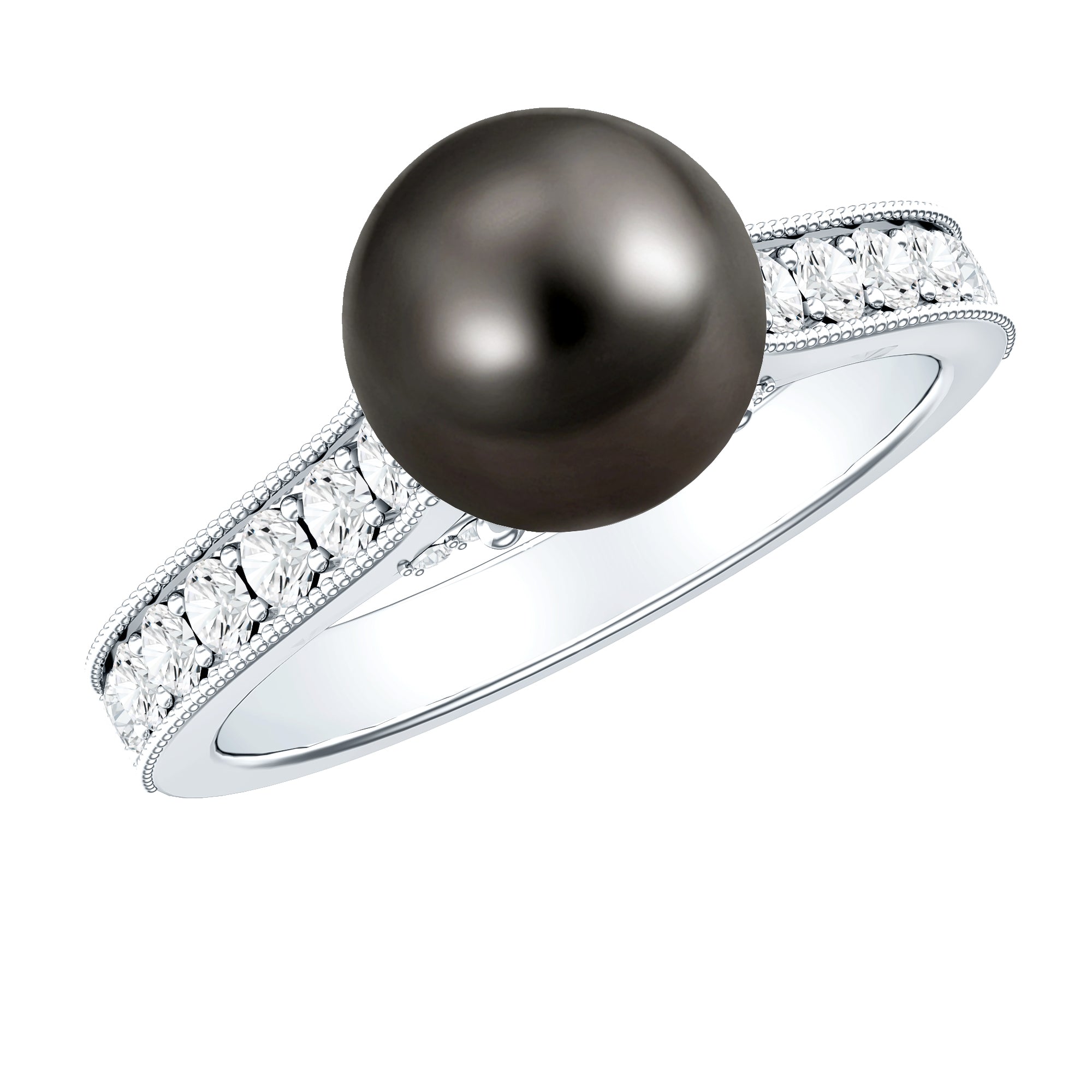Natural Tahitian Pearl Cathedral Engagement Ring with Diamond Side Stones AAA - Rosec Jewels