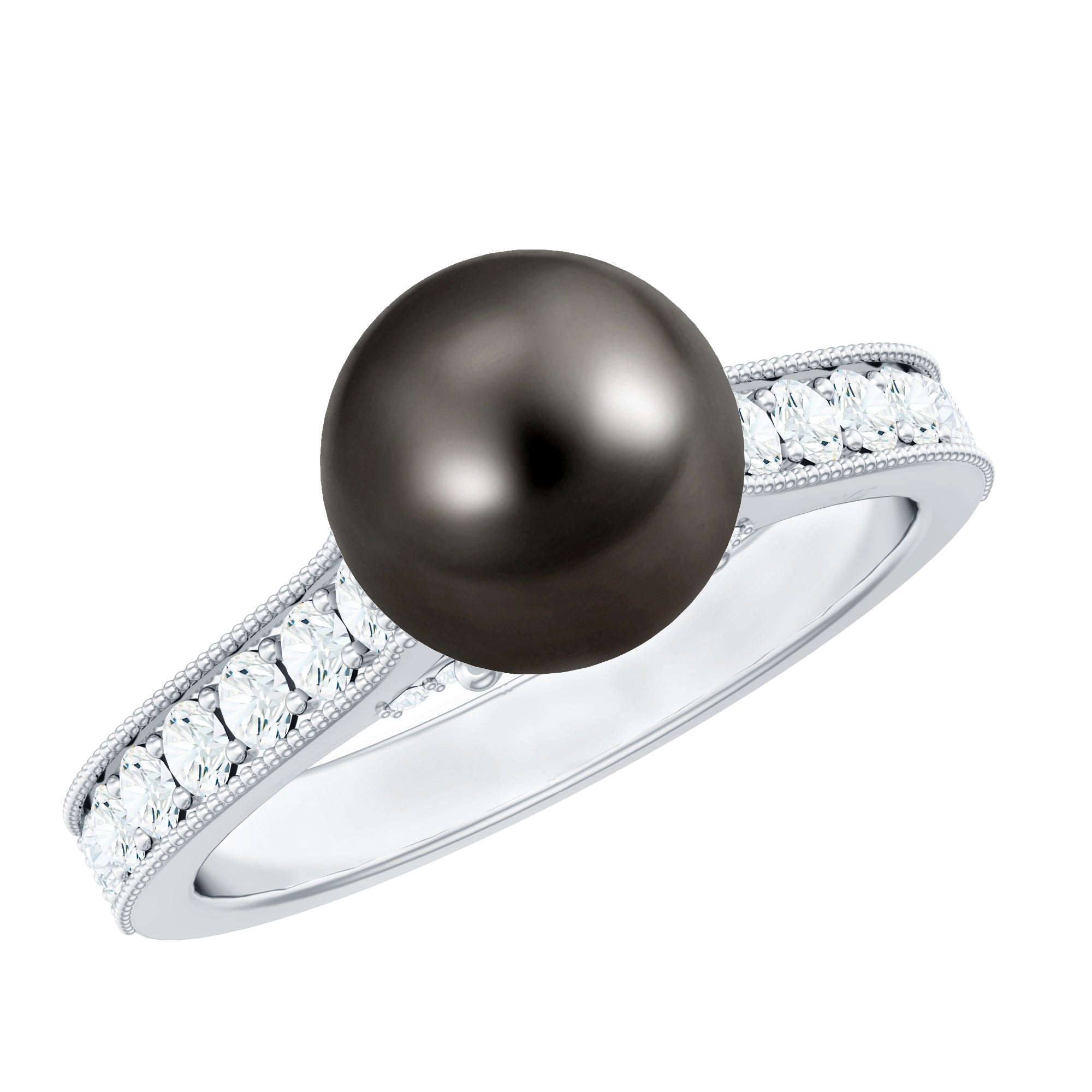 Rosec Jewels-Natural Tahitian Pearl Cathedral Engagement Ring with Diamond Side Stones