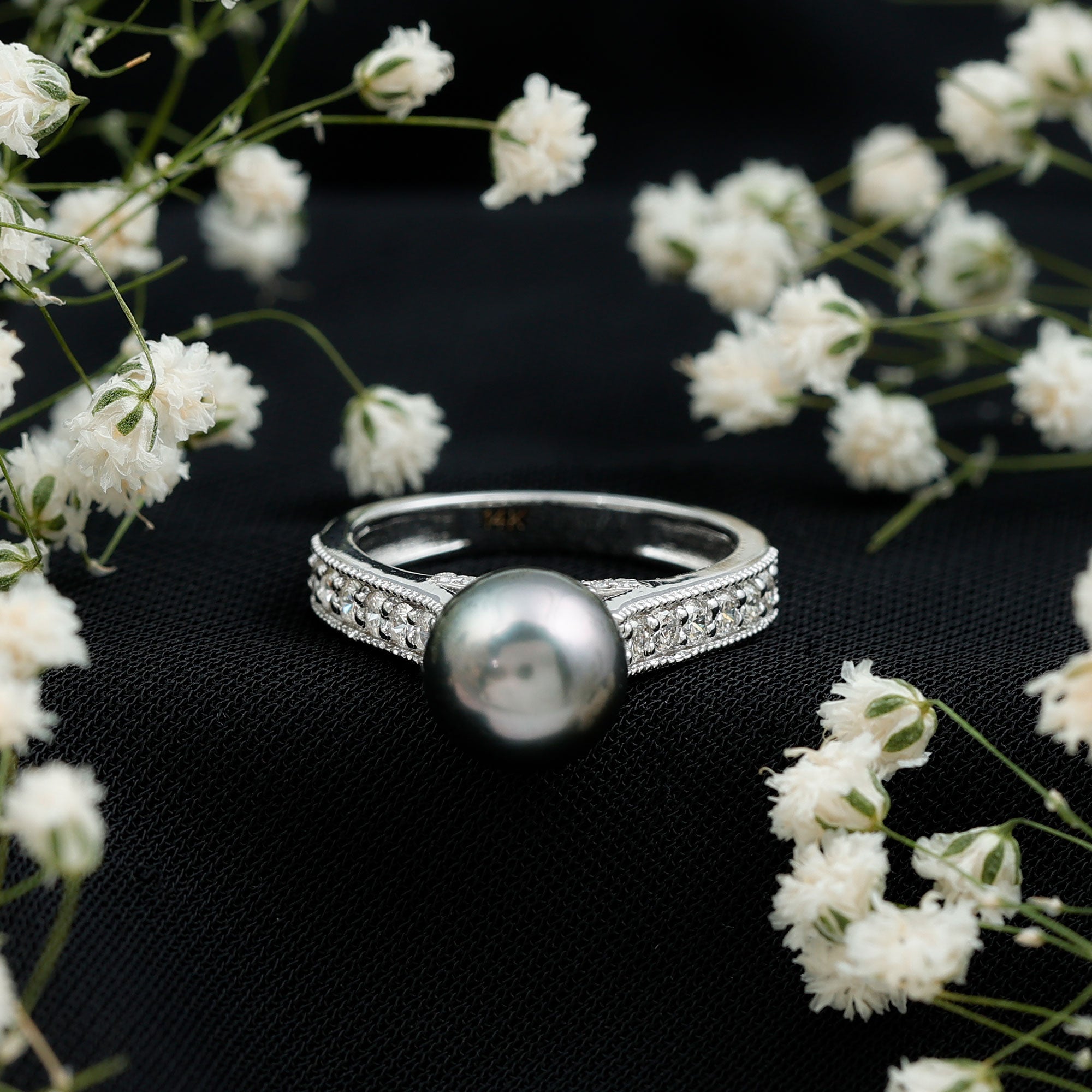 Natural Tahitian Pearl Cathedral Engagement Ring with Diamond Side Stones AAA - Rosec Jewels