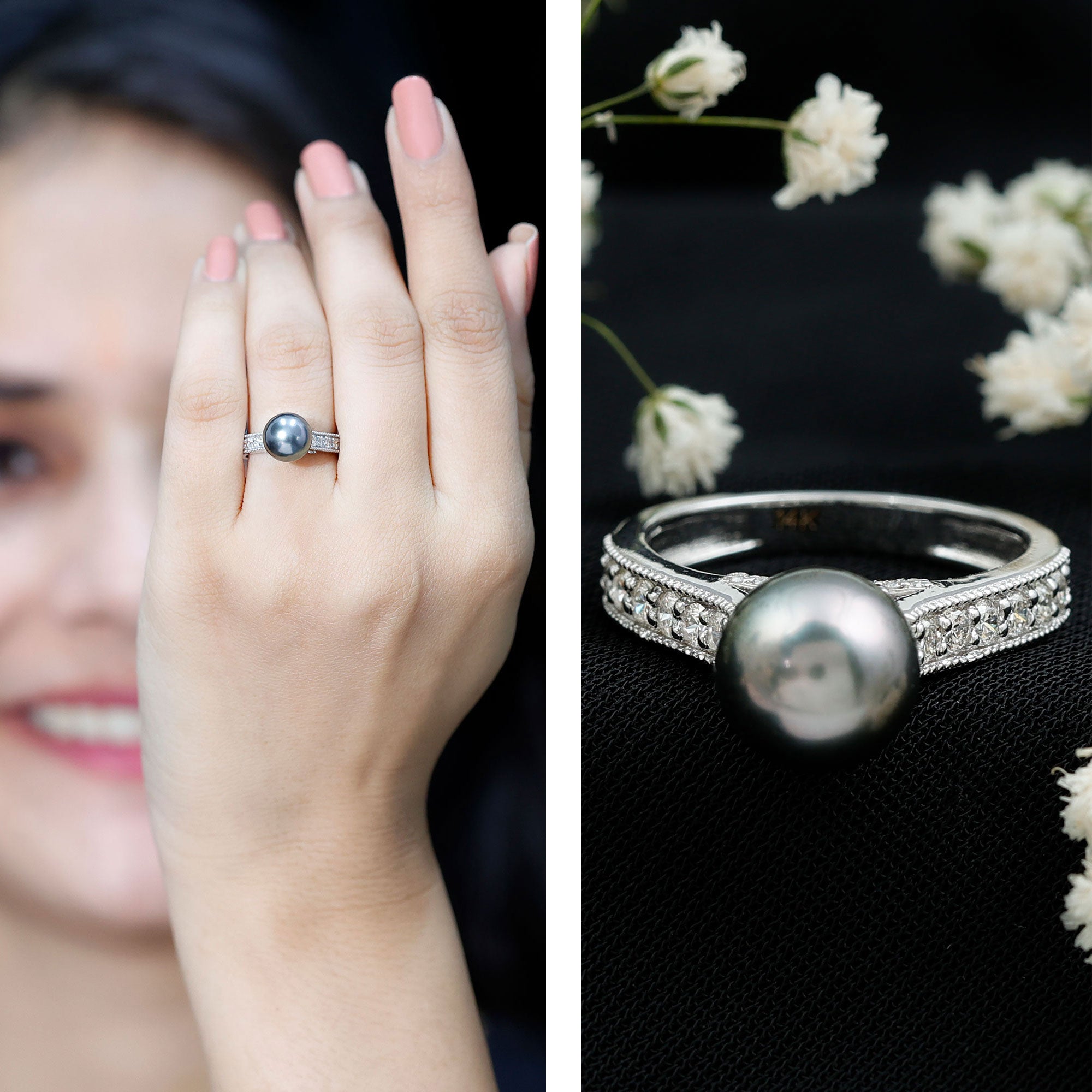 Rosec Jewels-Natural Tahitian Pearl Cathedral Engagement Ring with Diamond Side Stones