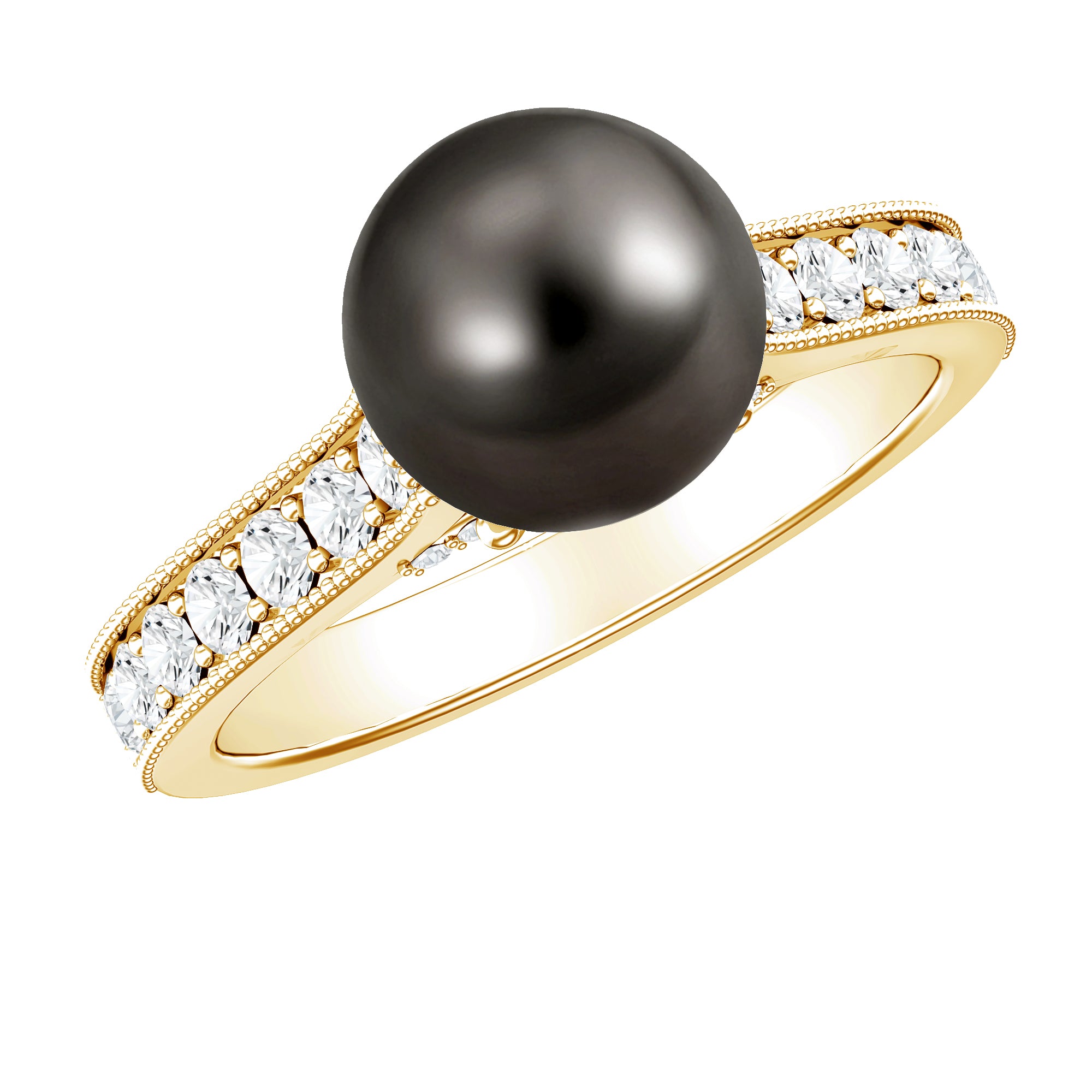 Natural Tahitian Pearl Cathedral Engagement Ring with Diamond Side Stones AAA - Rosec Jewels