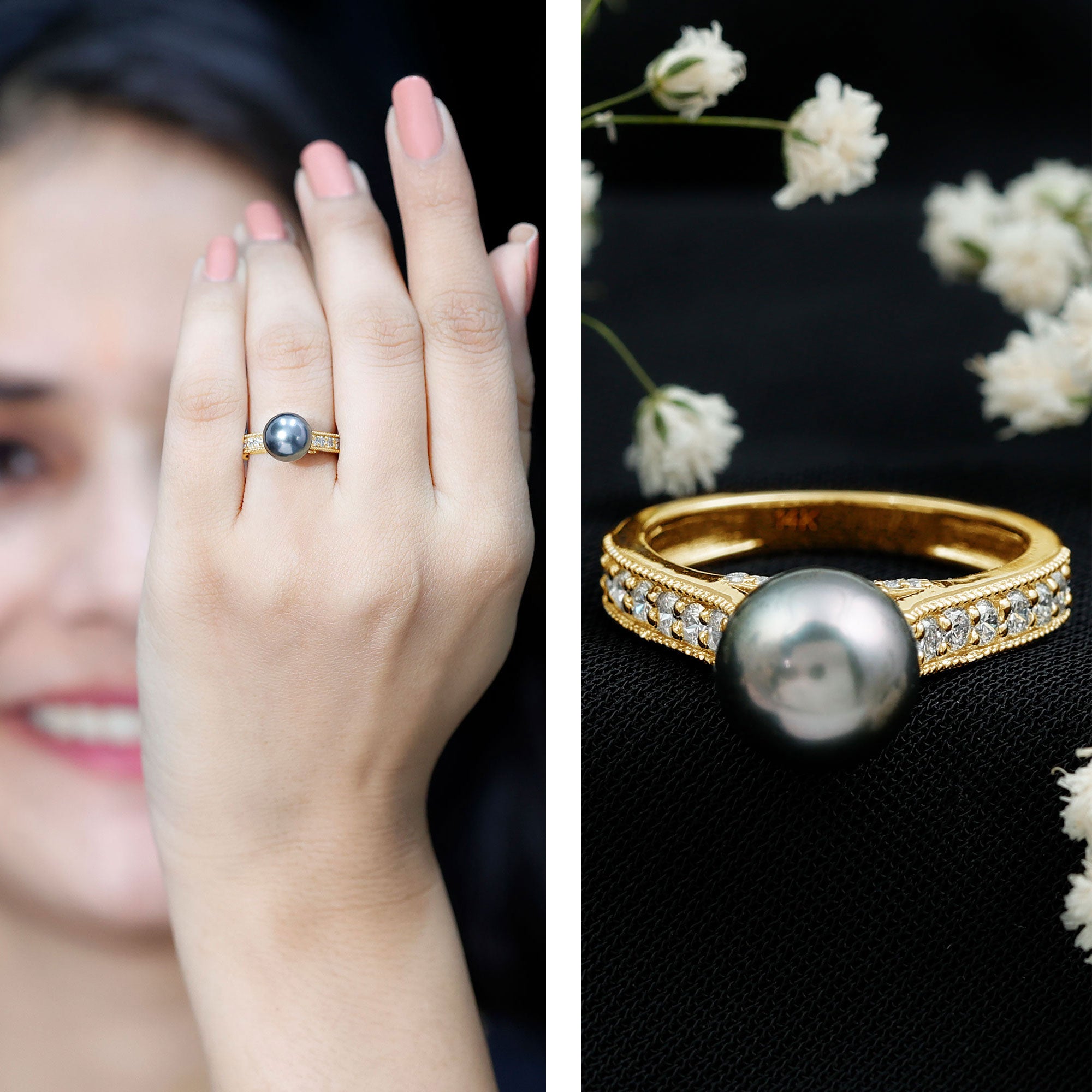Natural Tahitian Pearl Cathedral Engagement Ring with Diamond Side Stones AAA - Rosec Jewels