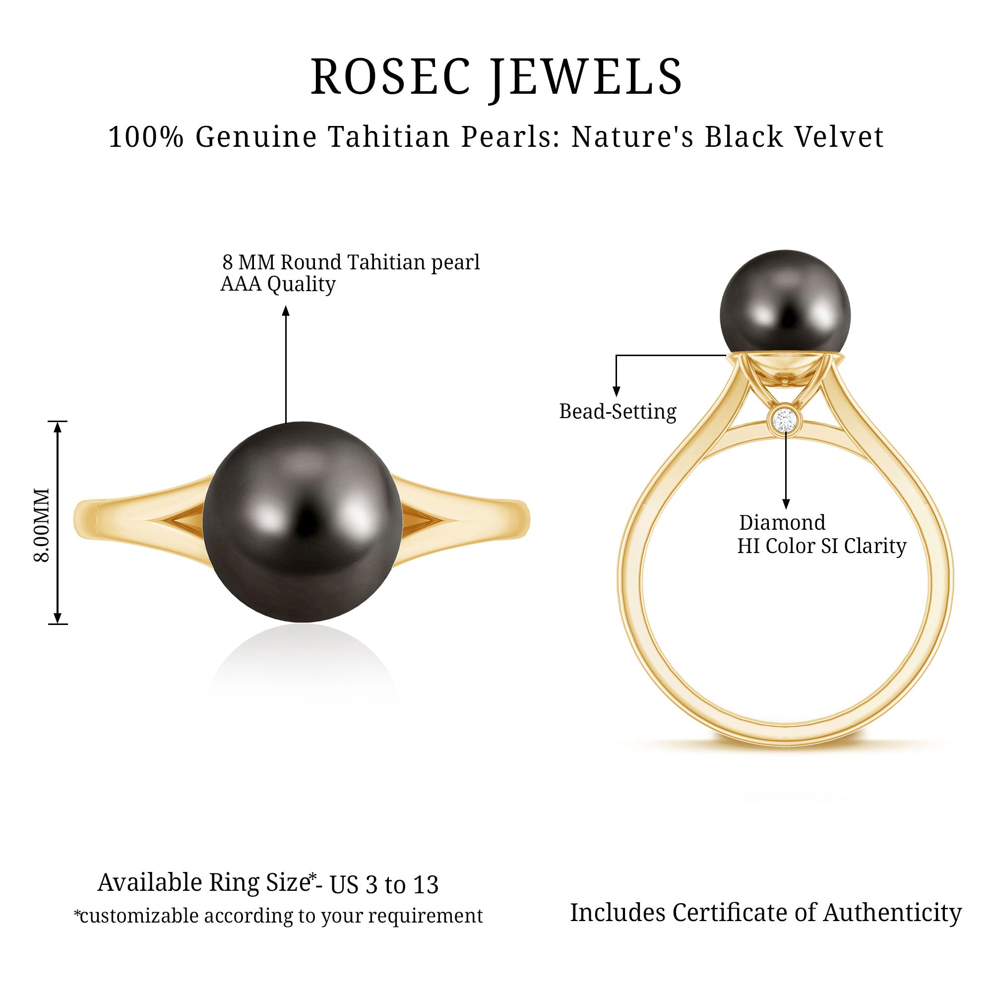 Rosec Jewels-Genuine 8 Carat Tahitian Black Pearl Cathedral Engagement Ring with Split Shank