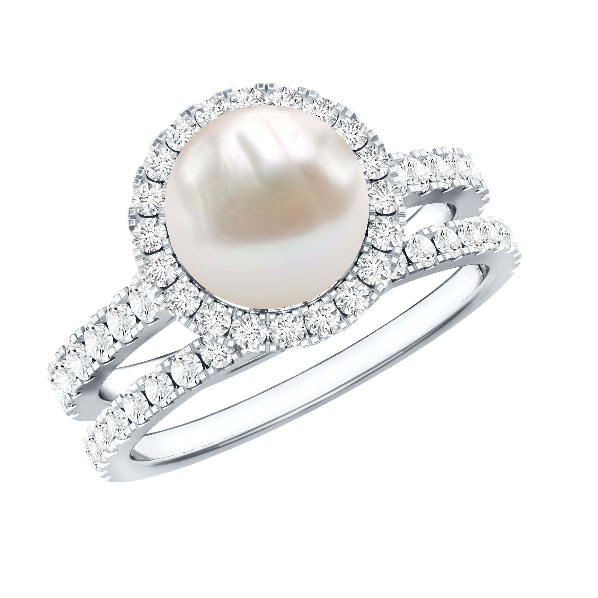 Round Freshwater Pearl and Moissanite Halo Wedding Ring Set AAA - Rosec Jewels