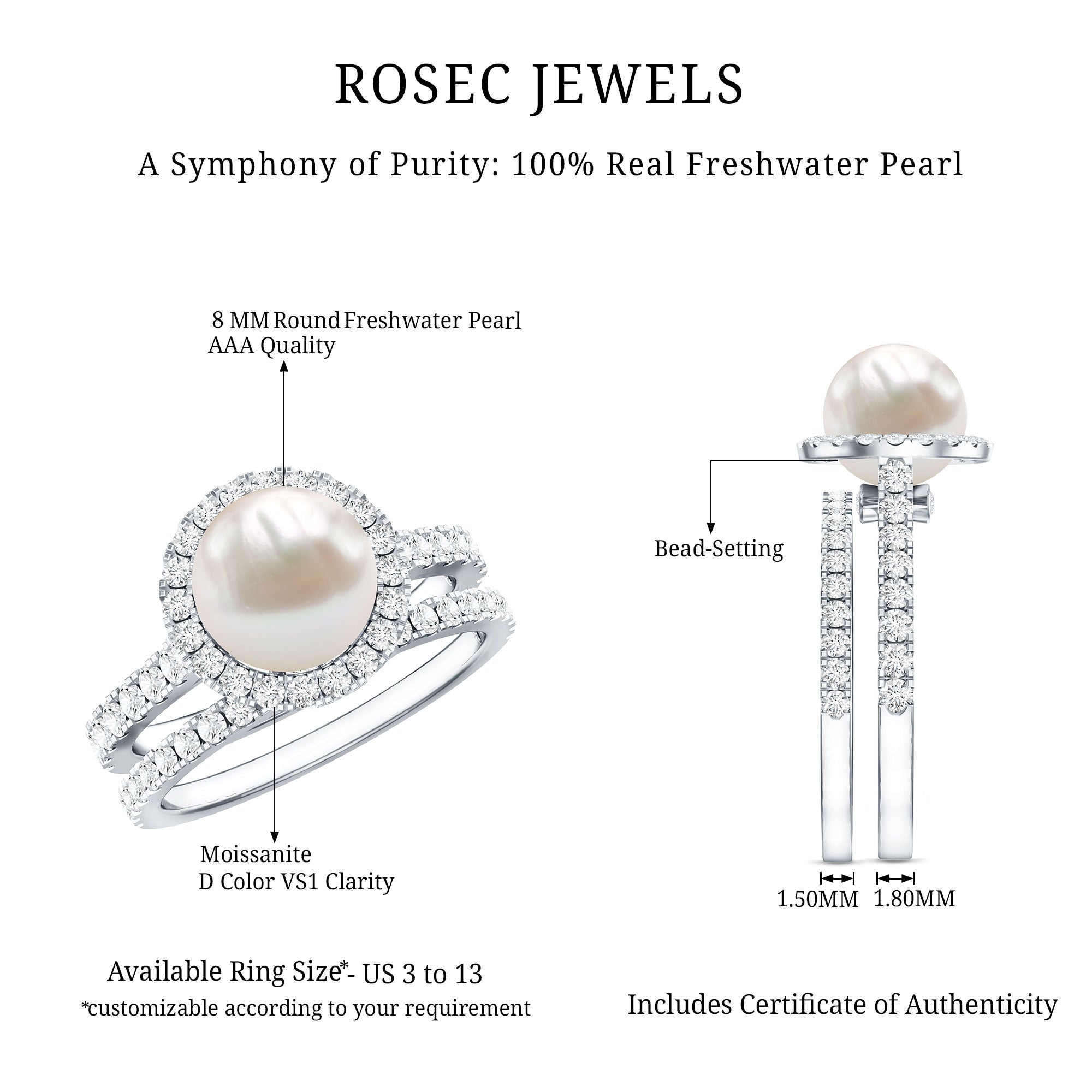 Round Freshwater Pearl and Moissanite Halo Wedding Ring Set AAA - Rosec Jewels