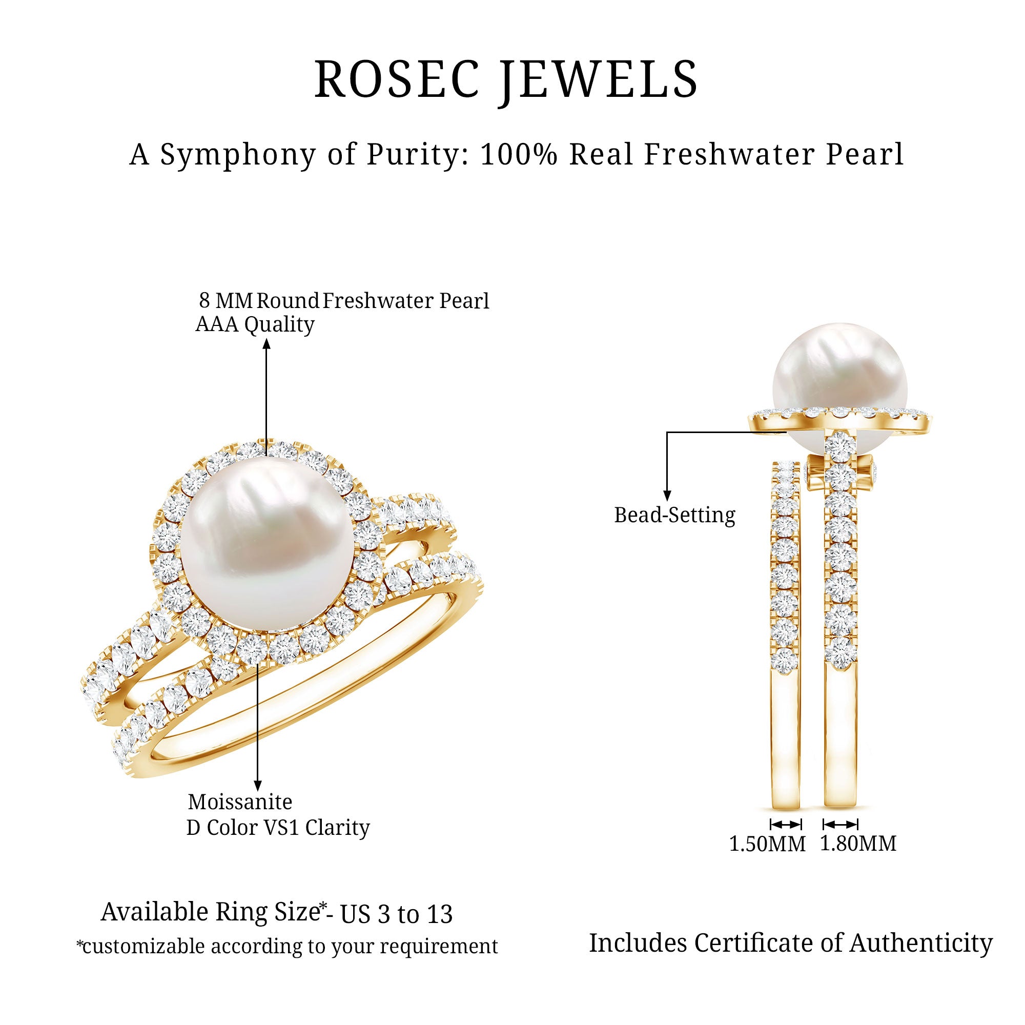 Round Freshwater Pearl and Moissanite Halo Wedding Ring Set AAA - Rosec Jewels