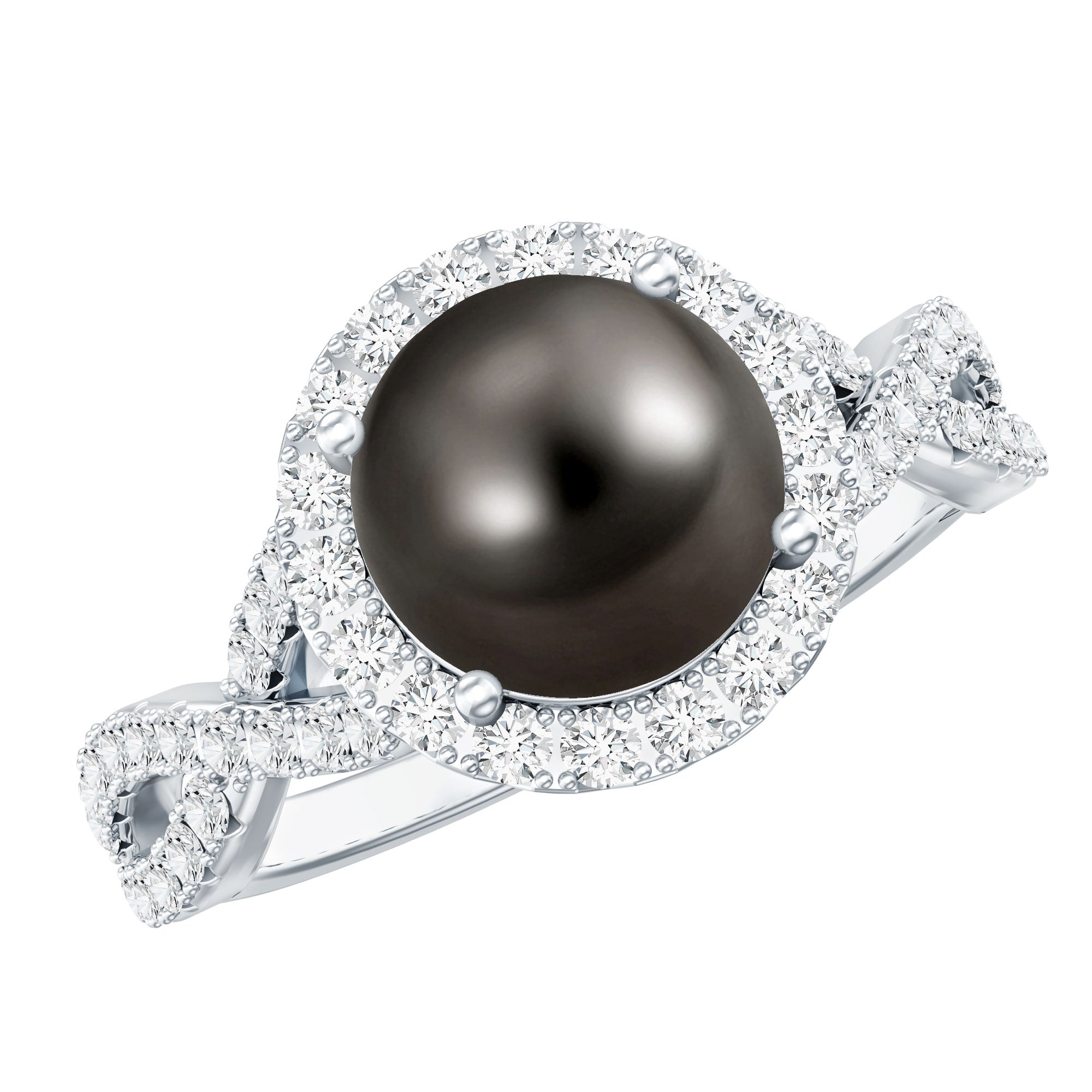 Real Tahitian Pearl and Diamond Crossover Engagement Ring AAA - Rosec Jewels