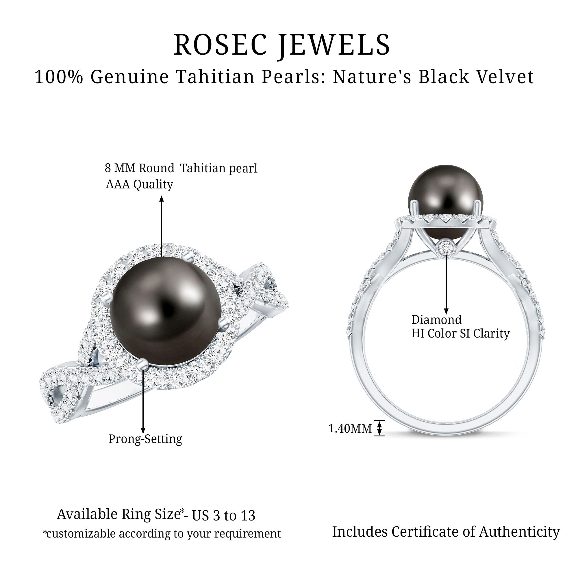 Real Tahitian Pearl and Diamond Crossover Engagement Ring AAA - Rosec Jewels