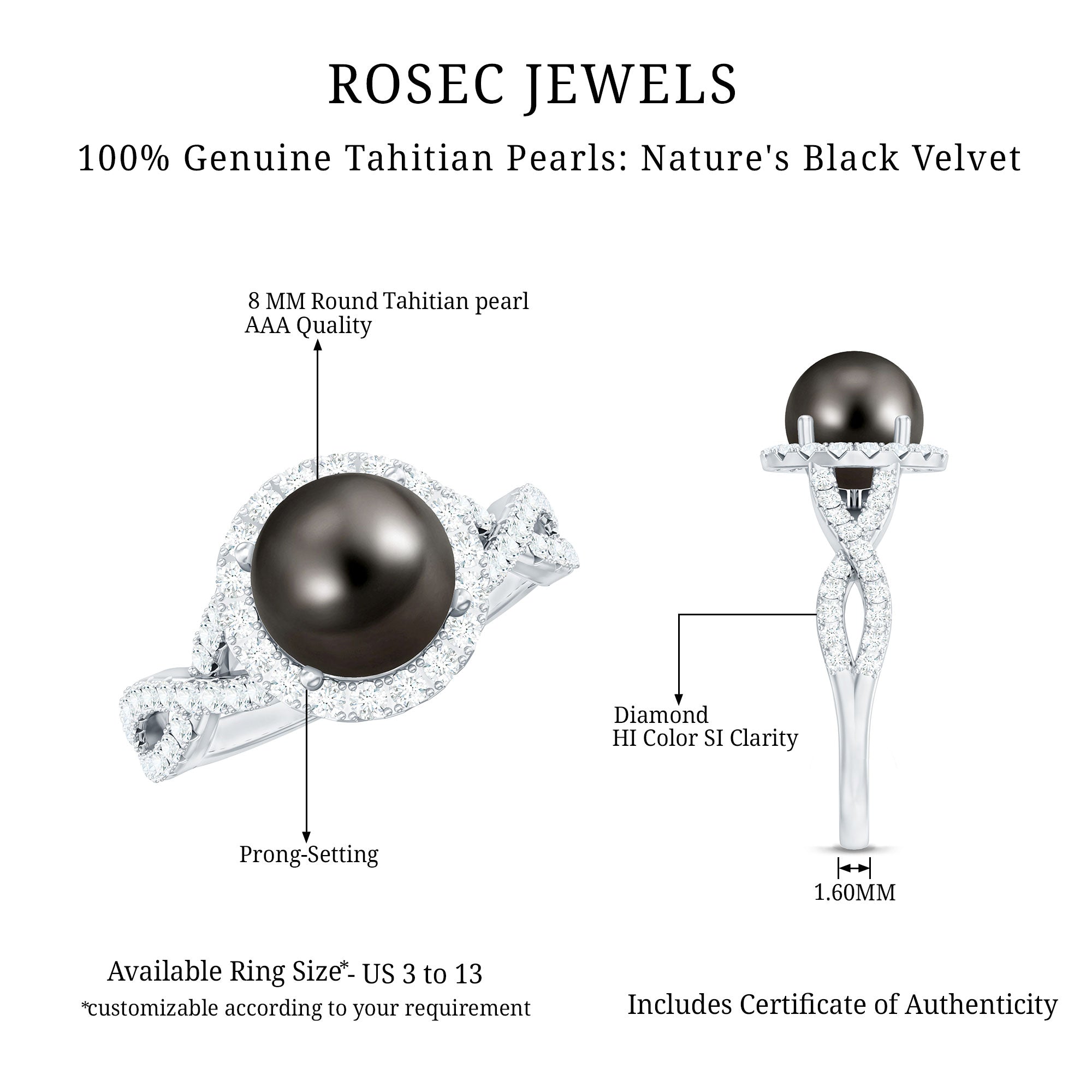 Real Tahitian Pearl and Diamond Crossover Engagement Ring AAA - Rosec Jewels