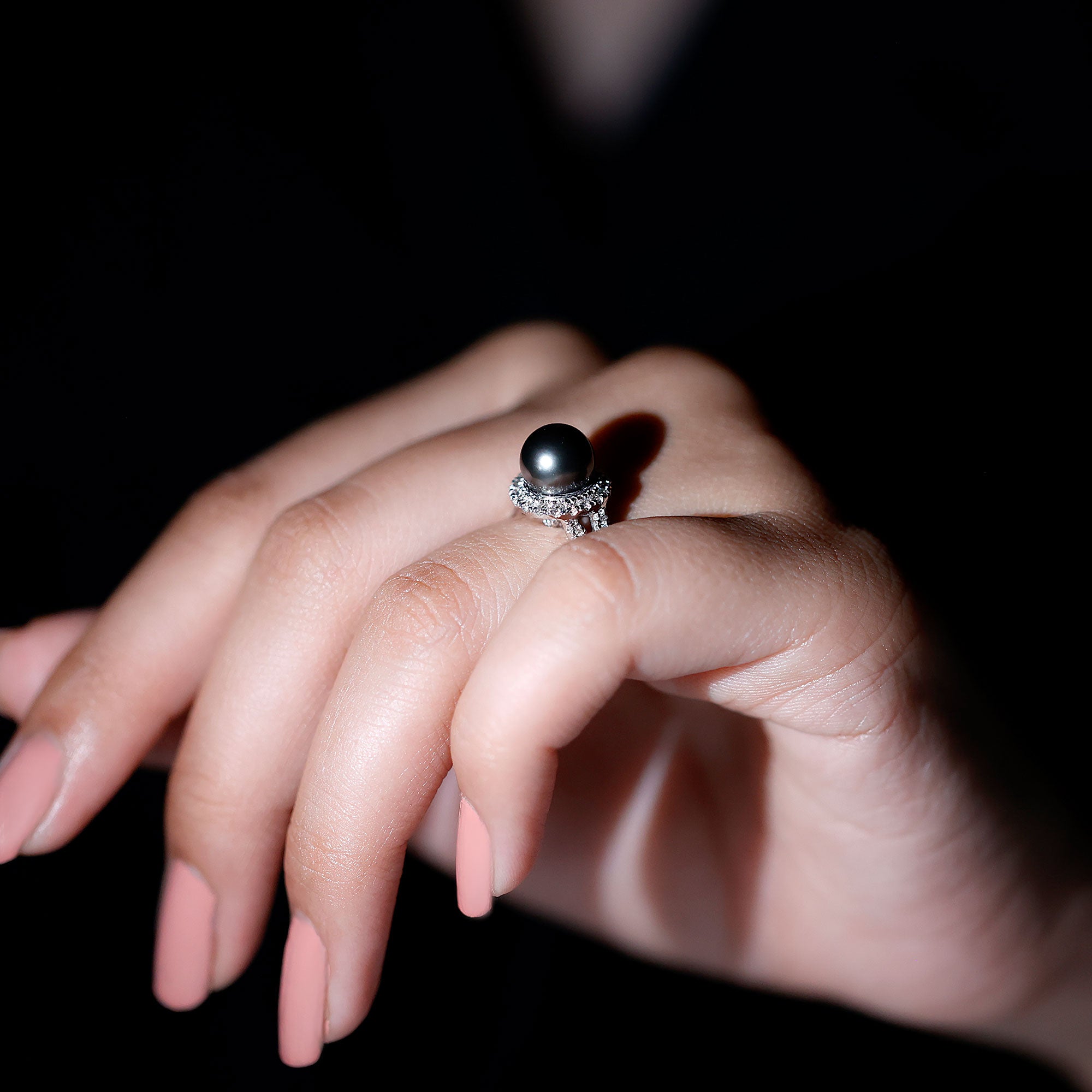 Real Tahitian Pearl and Diamond Crossover Engagement Ring AAA - Rosec Jewels