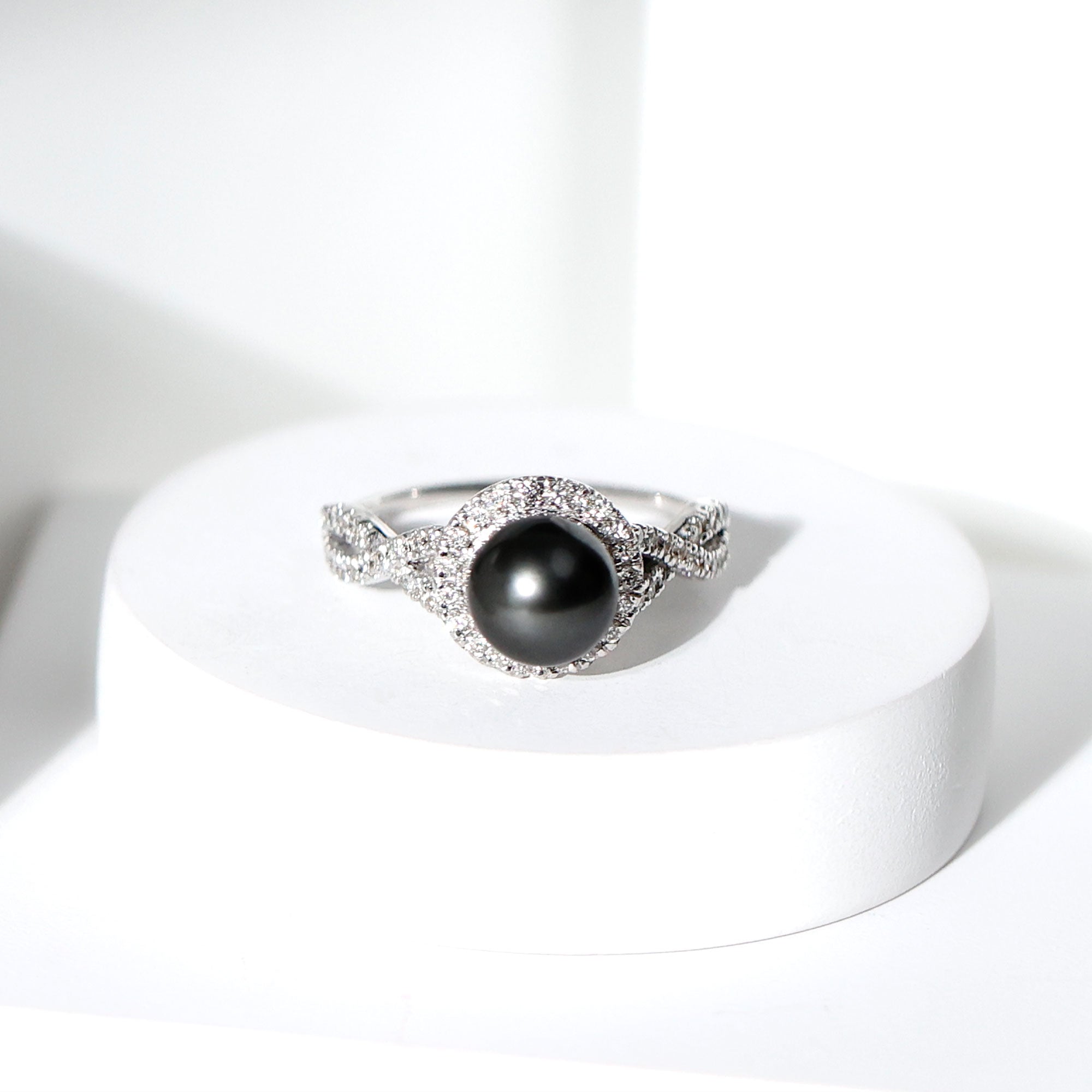 Real Tahitian Pearl and Diamond Crossover Engagement Ring AAA - Rosec Jewels