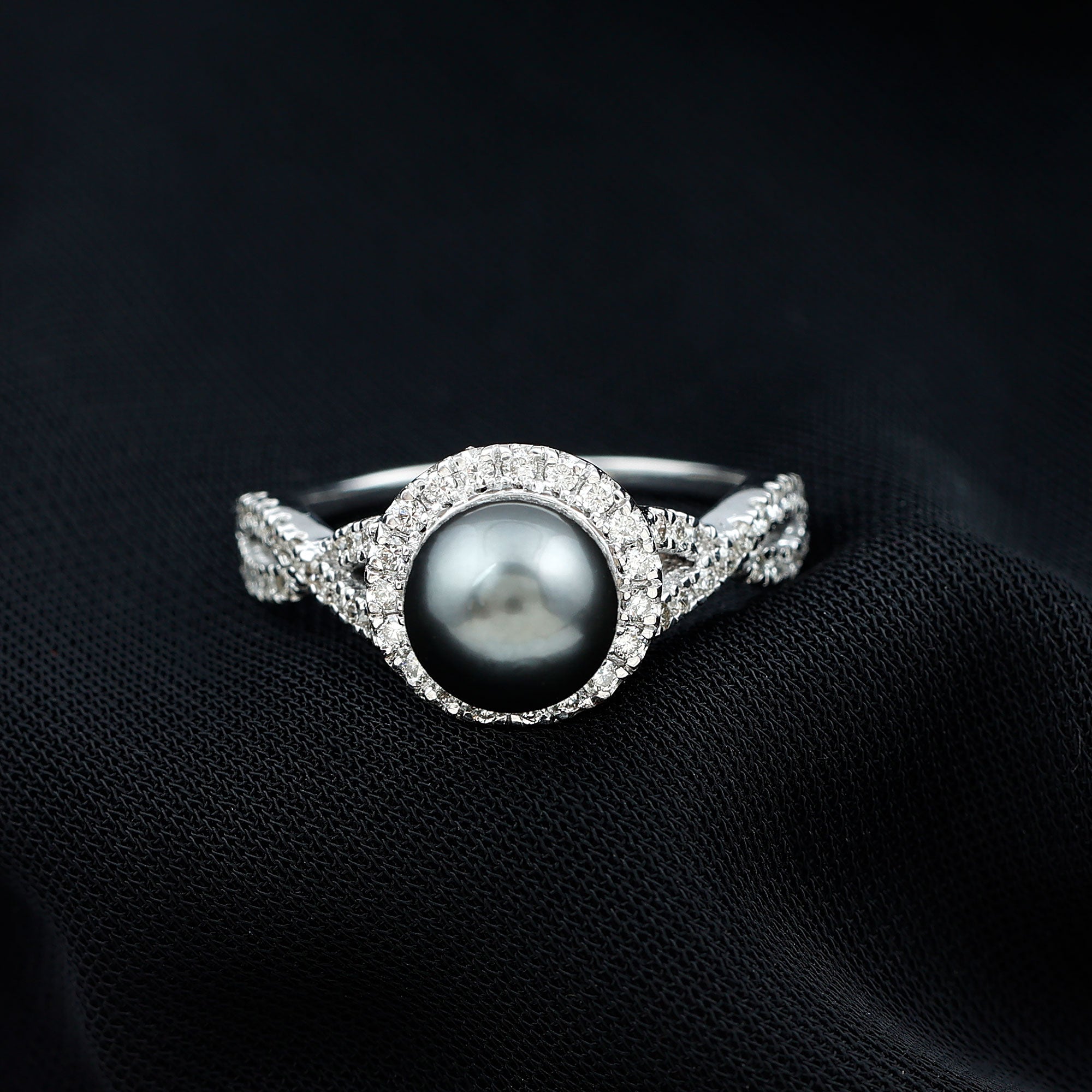 Real Tahitian Pearl and Diamond Crossover Engagement Ring AAA - Rosec Jewels