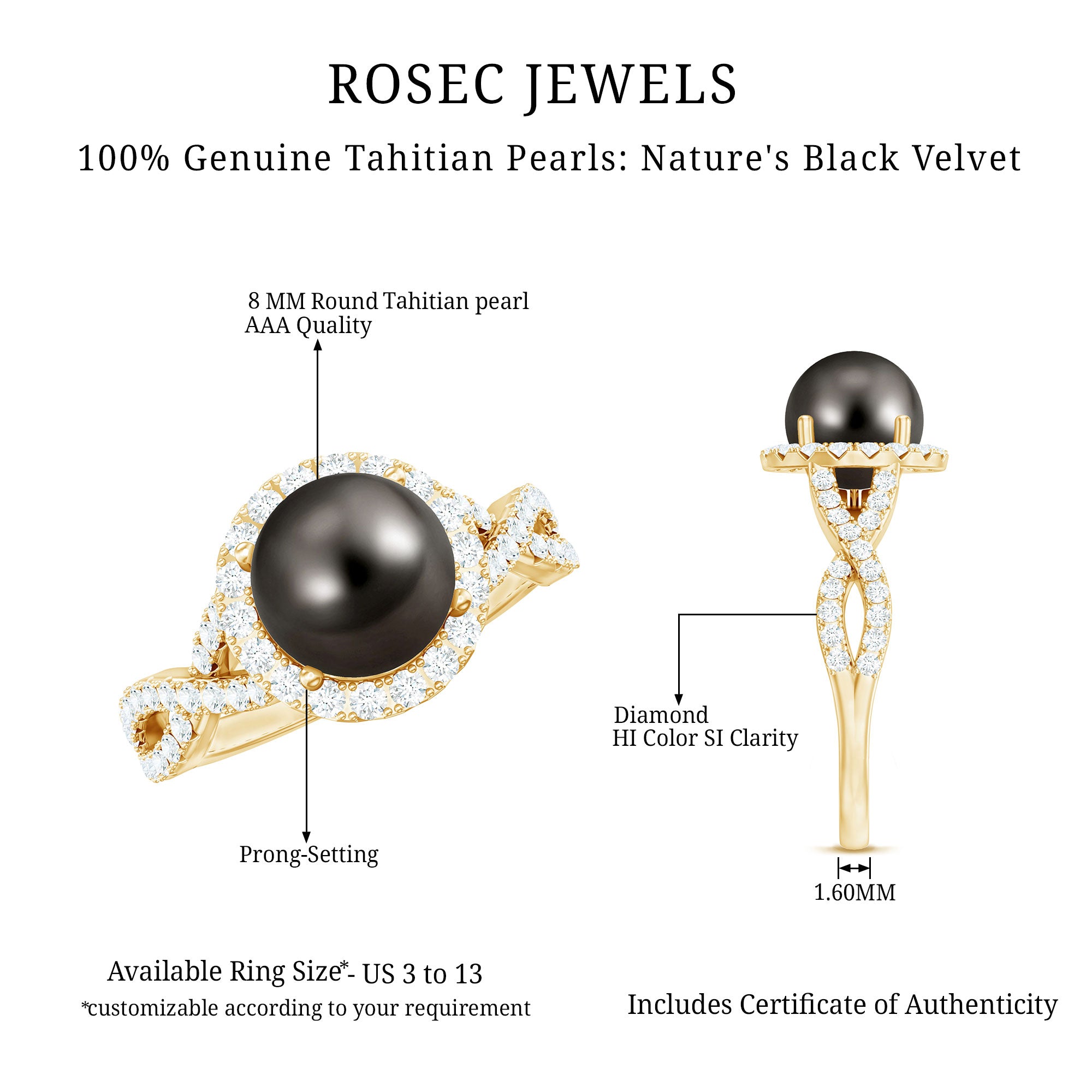Real Tahitian Pearl and Diamond Crossover Engagement Ring AAA - Rosec Jewels