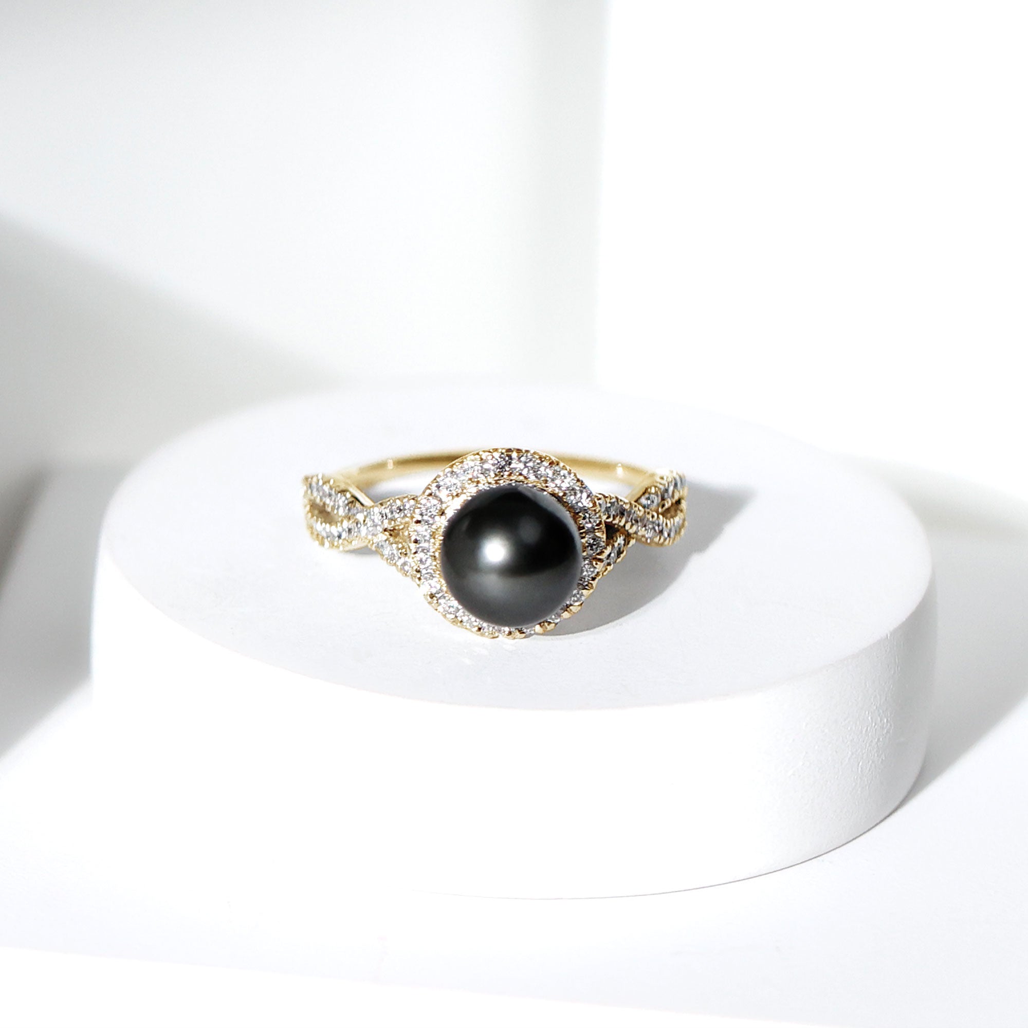 Real Tahitian Pearl and Diamond Crossover Engagement Ring AAA - Rosec Jewels