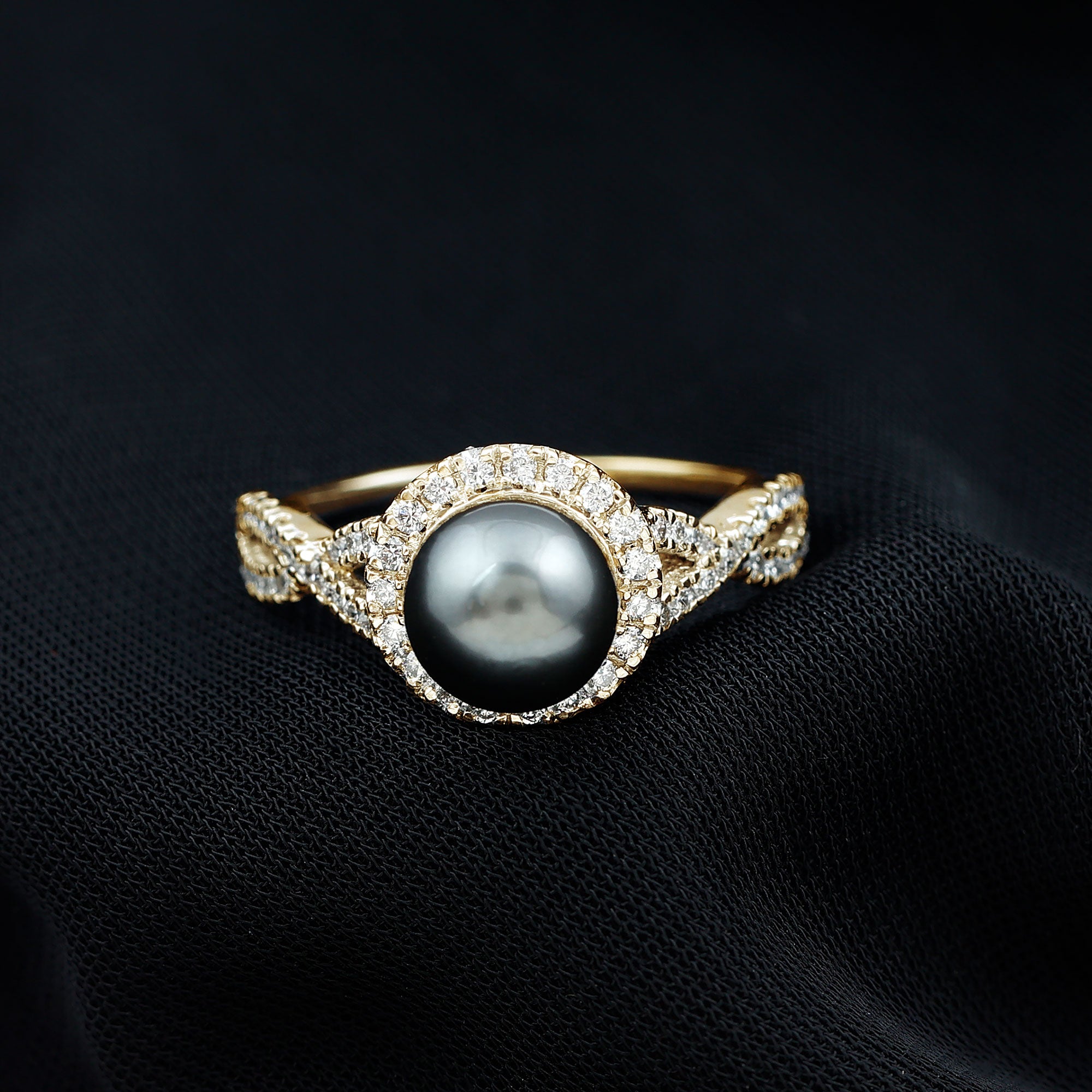Real Tahitian Pearl and Diamond Crossover Engagement Ring AAA - Rosec Jewels
