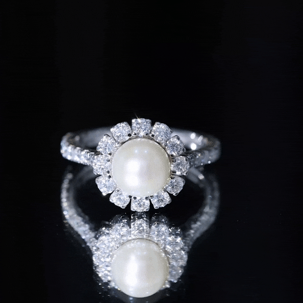Genuine 7.4 Carat Freshwater Pearl Engagement Ring with Moissanite Halo AAA - Rosec Jewels