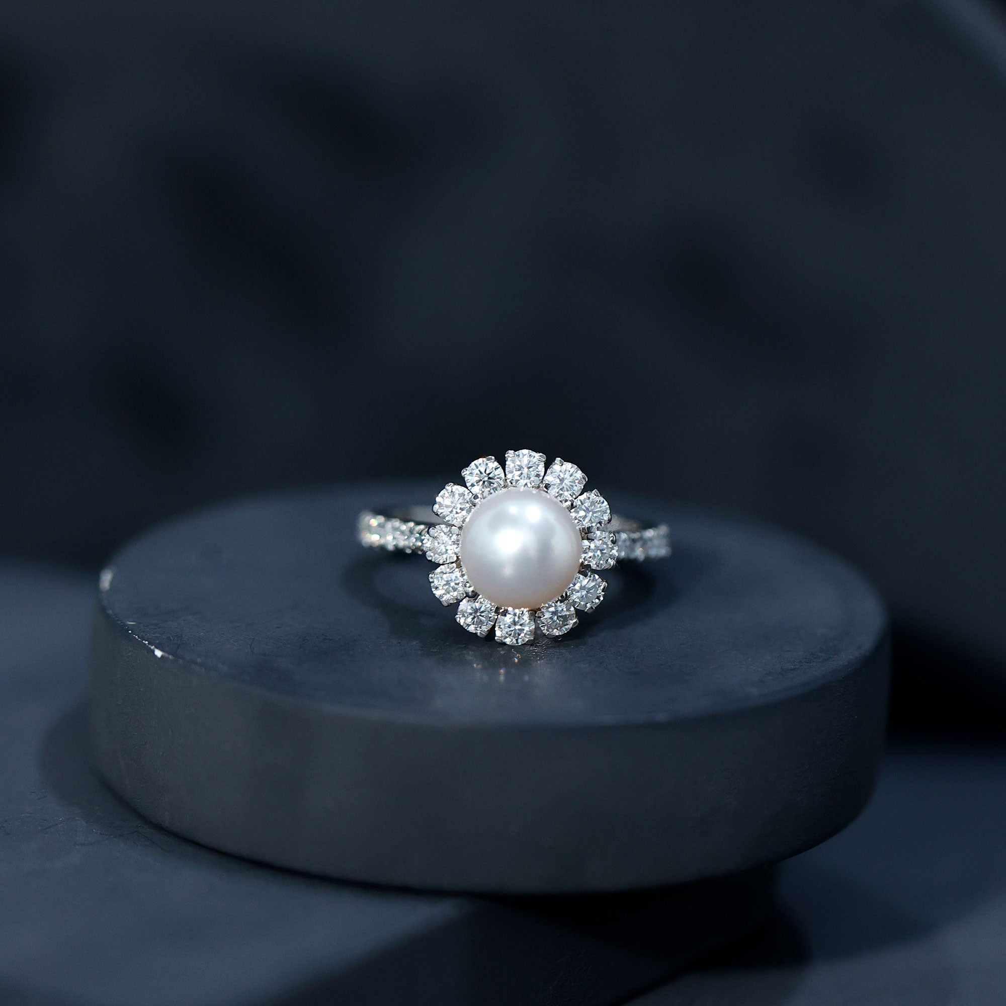 Genuine 7.4 Carat Freshwater Pearl Engagement Ring with Moissanite Halo AAA - Rosec Jewels