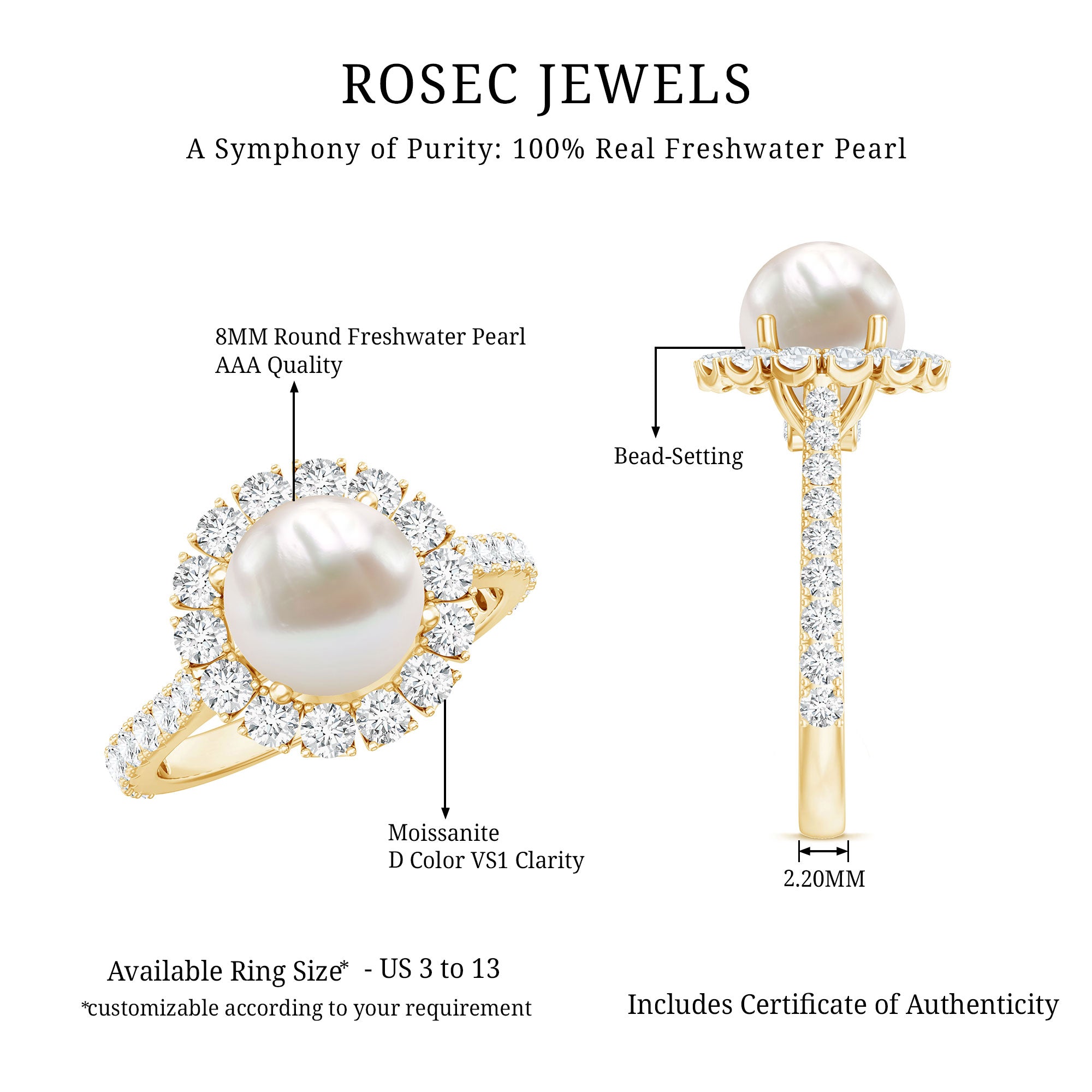 Genuine 7.4 Carat Freshwater Pearl Engagement Ring with Moissanite Halo AAA - Rosec Jewels