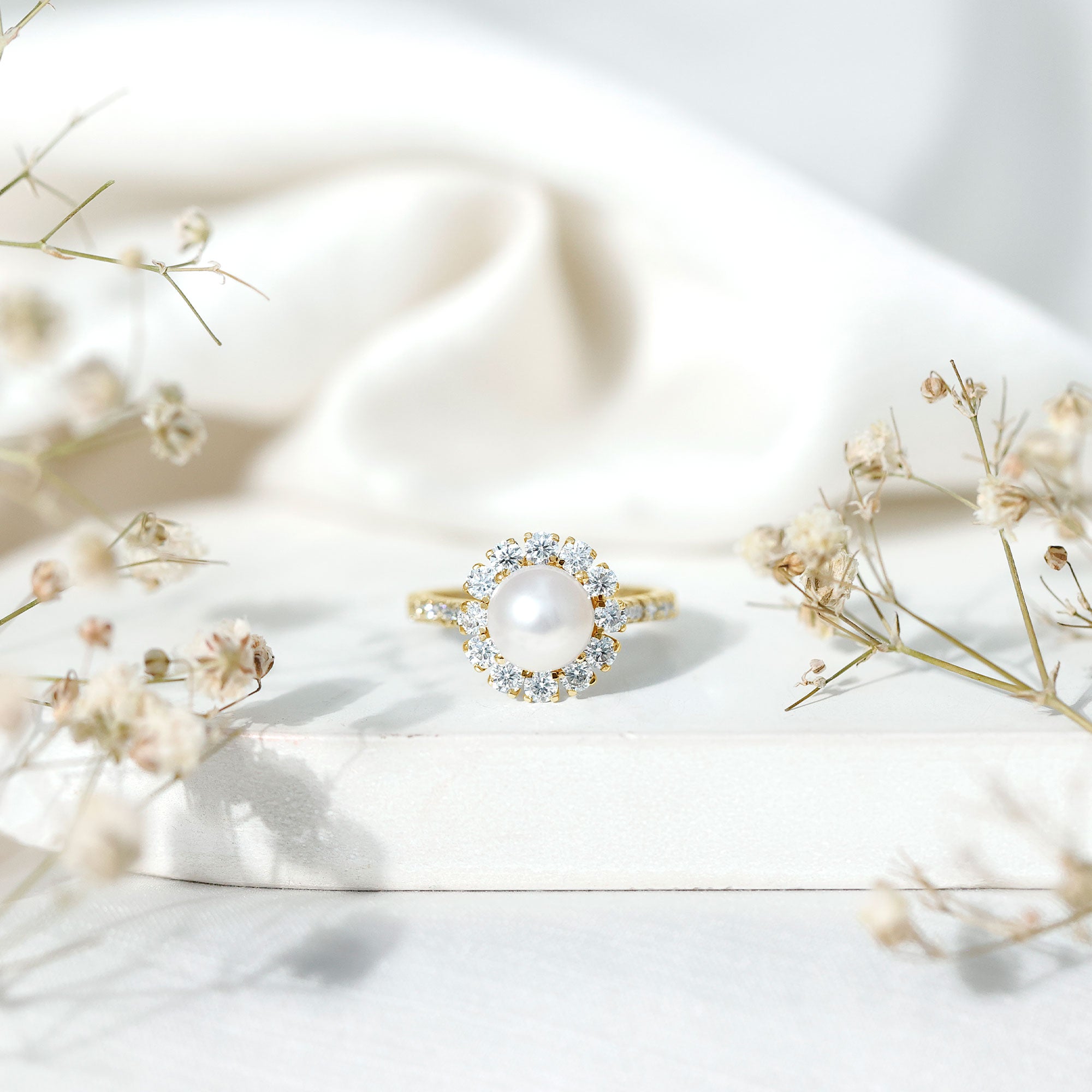 Genuine 7.4 Carat Freshwater Pearl Engagement Ring with Moissanite Halo AAA - Rosec Jewels